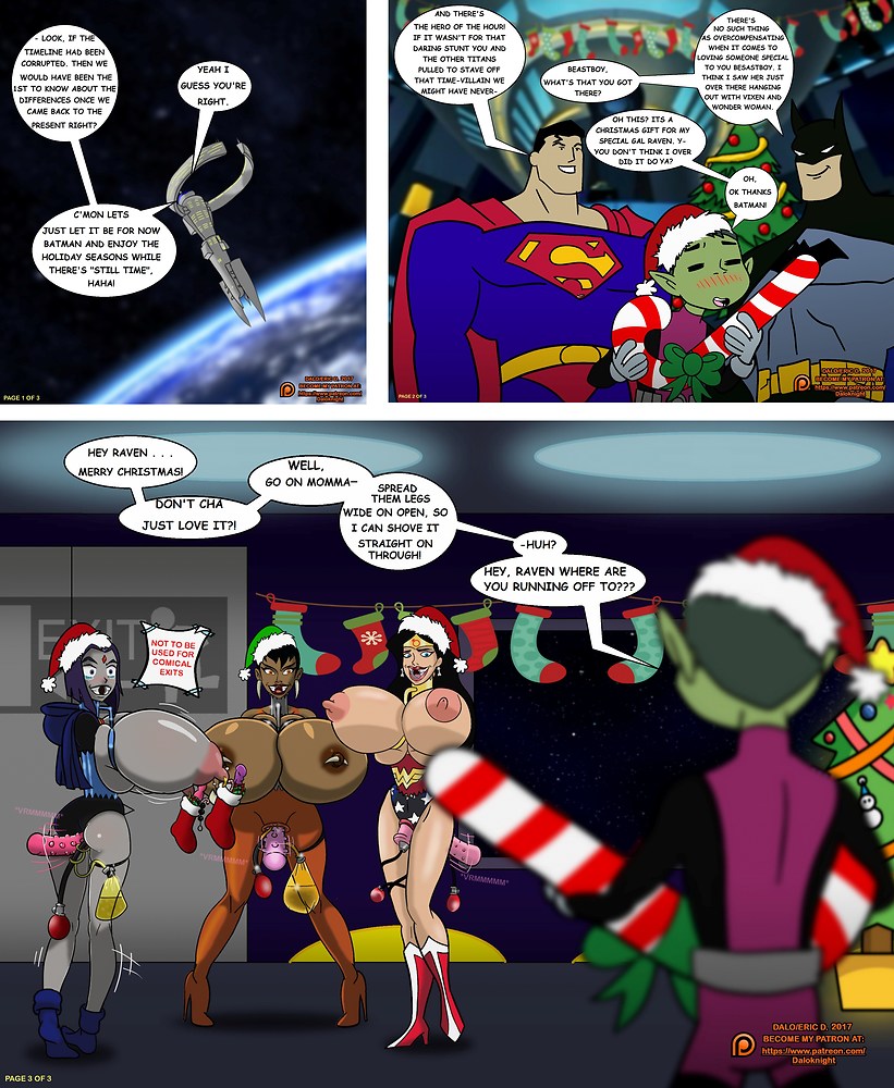 3boys 3girls anal_insertion batman batman_(series) beast_boy breast_bondage christmas christmas_tree closed_legs daloknight dc dc_comics gift green_skin holding_object knees_together_feet_apart large_insertion rachel_roth raven_(dc) santa_hat sex_toy straight superman superman_(series) teen_titans trembling wonder_woman wonder_woman_(series)