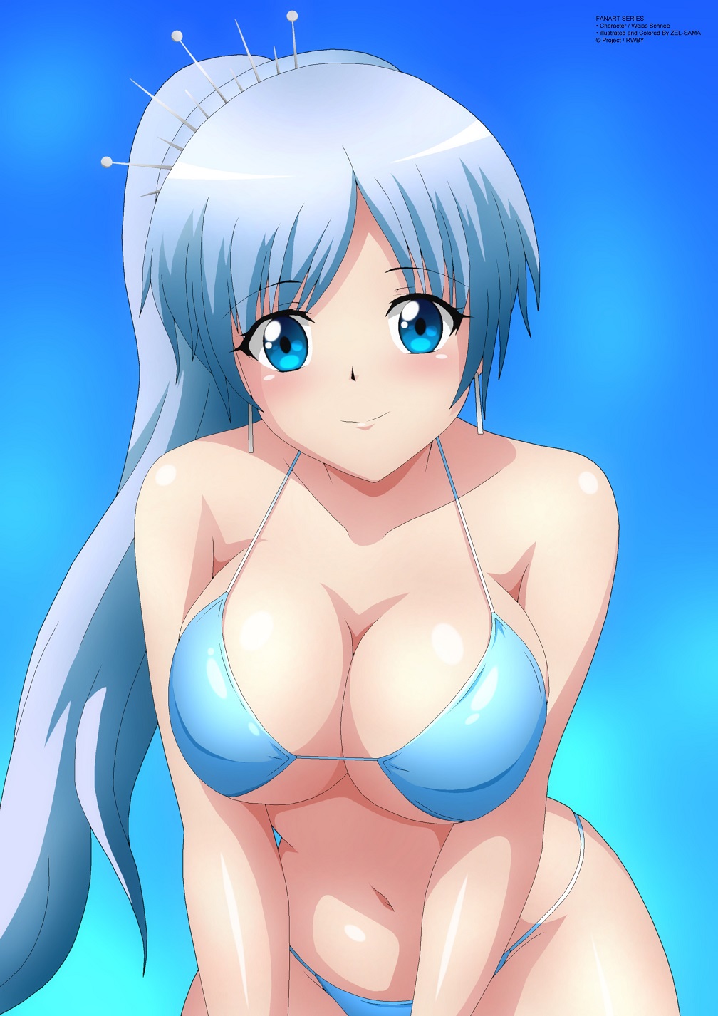big breasts, bikini, breasts, cleavage, female, female only, large breasts, looking at viewer, rwby, solo, weiss schnee, white hair, white-haired female, zel-sama