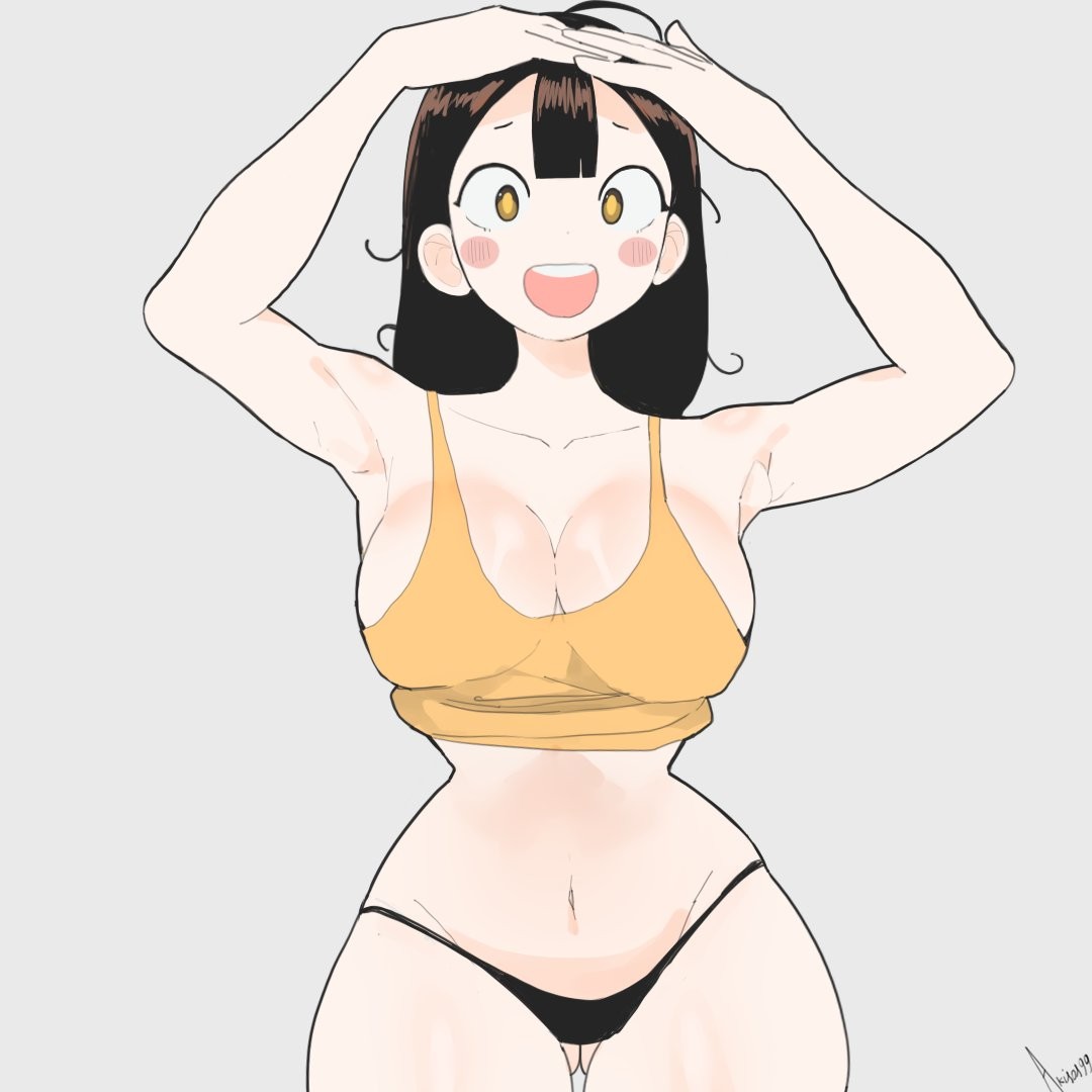 1girl 1girls ahoge akisas99 arm_above_head arm_up armpit armpit_crease armpit_peek armpits arms_above_head arms_up ass_visible_from_the_front ass_visible_through_thighs background big_boobs big_breasts black_panties black_underwear bra breasts brown-eyed_female brown-haired_female brown_eyebrows brown_eyes brown_hair busty busty_female busty_girl curvaceous curvaceous_body curvaceous_female curvaceous_figure curvaceous_hips curvy curvy_body curvy_female curvy_figure curvy_hips eye-level_view from_front front_view grey_background hairless_armpits hand_above_head hand_up hands_above_head hands_up hourglass_figure huge_boobs huge_breasts inguinal_crease inguinal_ligament large_boobs large_breasts lean_figure monotone_background narrow_waist oc one_color_background open_mouth open_mouth_smile original original_art original_artwork original_character original_female_character panties parted_lips plain_background plump_breasts presenting_armpit shaved_armpits slender_body slender_waist slim_female slim_waist smile smiley_face smiling smiling_at_viewer solid_color_background thigh_gap tongue top_view underwear upper_teeth wide_hips yellow_bra yellow_underwear