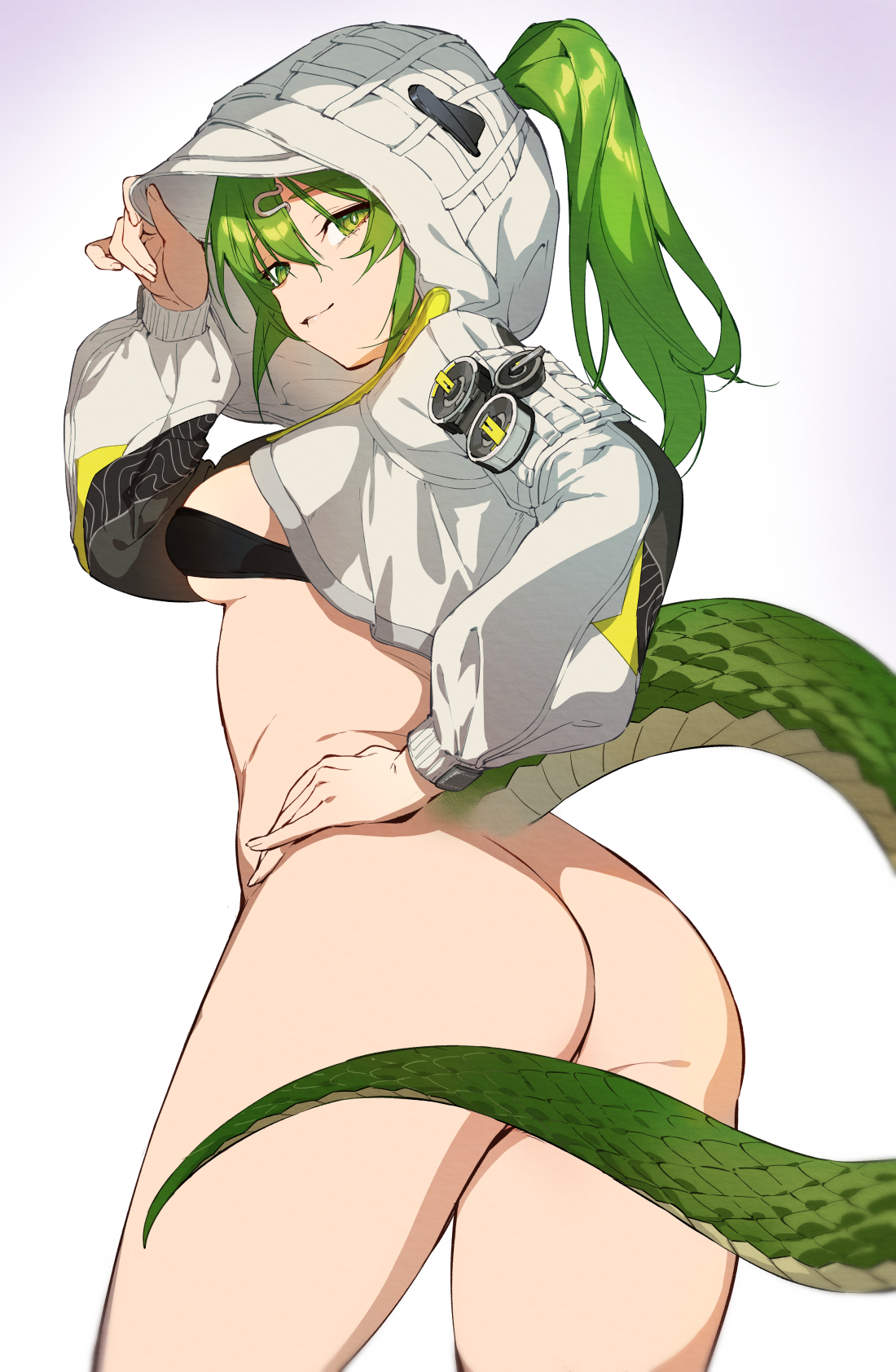 arknights, arknights: endfield, ass, bottomless, breasts, closed mouth, commentary, cowboy shot, female, fluorite (arknights: endfield), from behind, gradient background, green eyes, green hair, hair between eyes, hair ornament, hair through hood, hairclip, hand on own hip, hand up, highres, hood, hood up, hooded shrug, long hair, long sleeves, looking at viewer, looking back, medium breasts, nashidrop, paid reward available, ponytail, shrug (clothing), smile, snake tail, solo, tail, white shrug