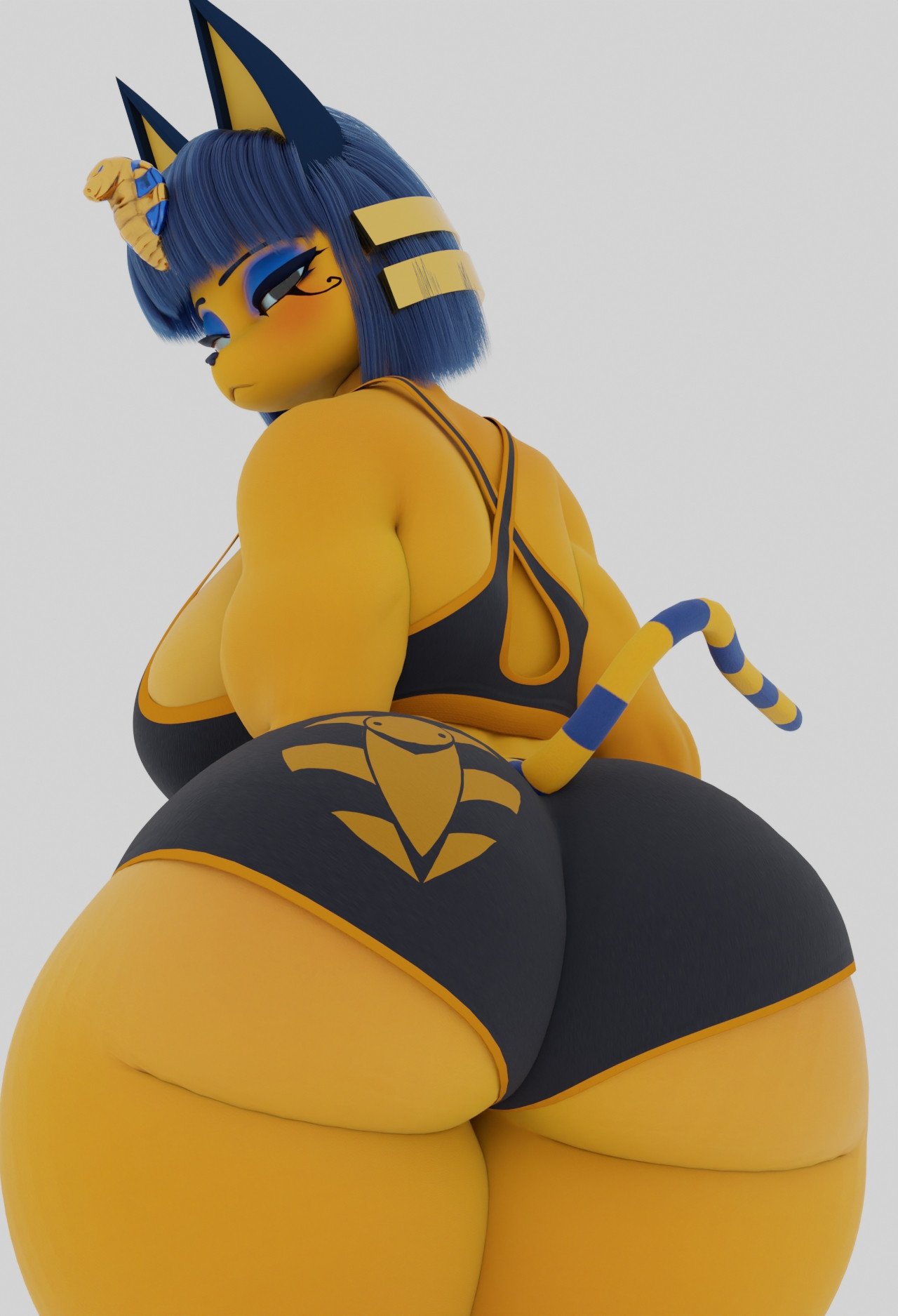 anaroth animal_crossing ankha ankha_(animal_crossing) ass big_breasts breasts cat_girl catgirl egyptian feline furry gym gym_uniform large_ass nintendo palmtreerothic thick_ass thick_thighs thighs workout_clothes