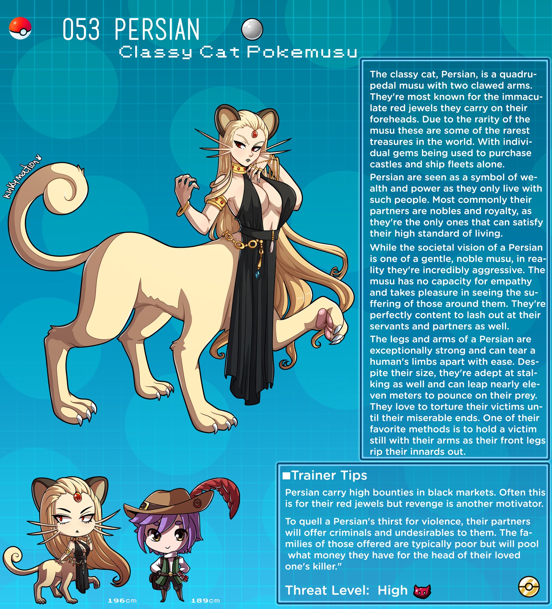 breasts, cleavage, creature index, english text, felid, feline, female, highres, kinkymation, nintendo, page 53, page number, persian, pokémon (species), pokemon, pokemon (species), pokemon-girl encyclopedia, pokemorph, pokemusu, profile, taur, text, text box