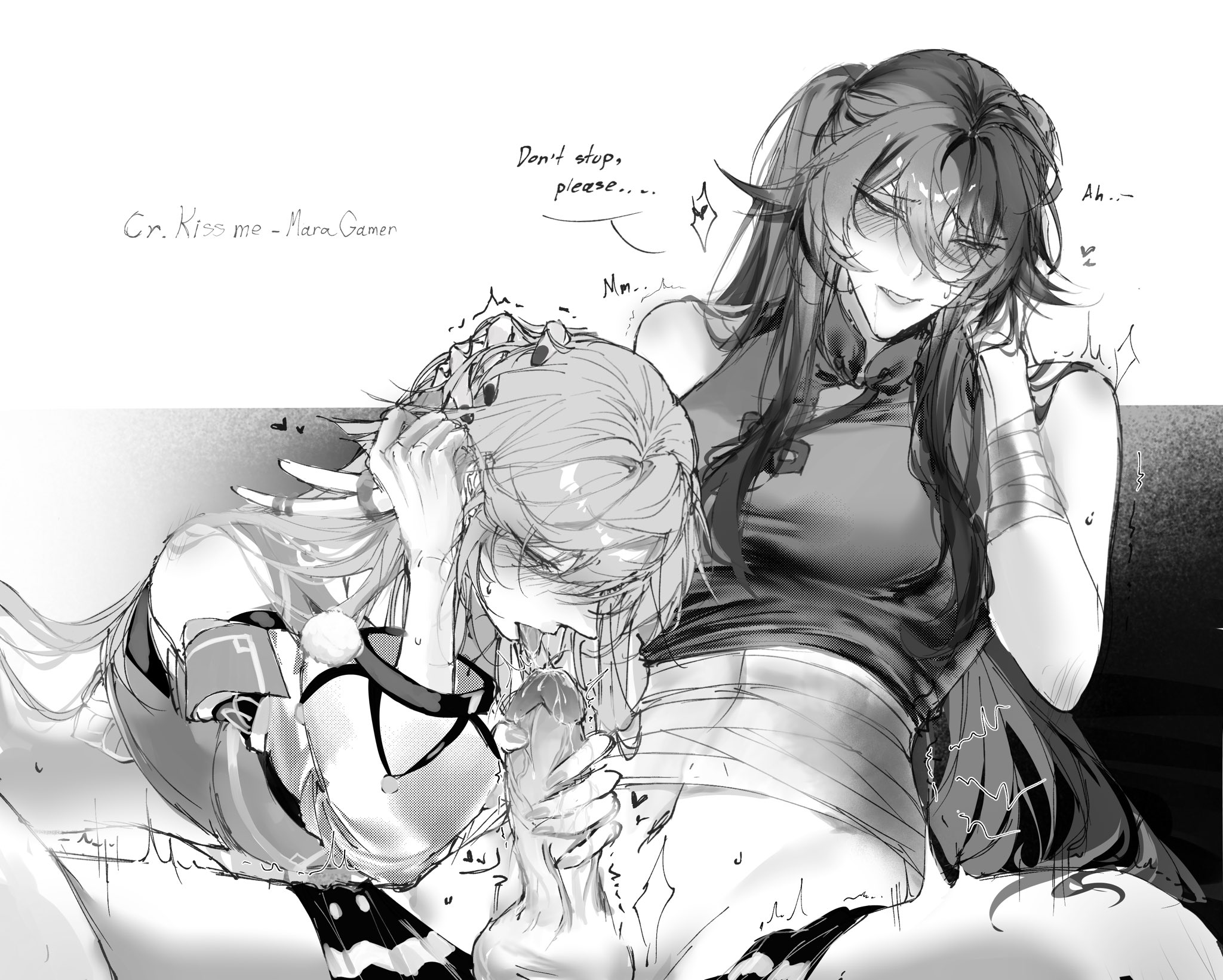 1futa, 1girls, dialogue, drool on penis, drooling, fellatio, futanari, genshin impact, hand on head, hand on penis, handjob, hu tao (genshin impact), monochrome, nutthanunkhomk1, partially clothed, tagme, yanfei (genshin impact)