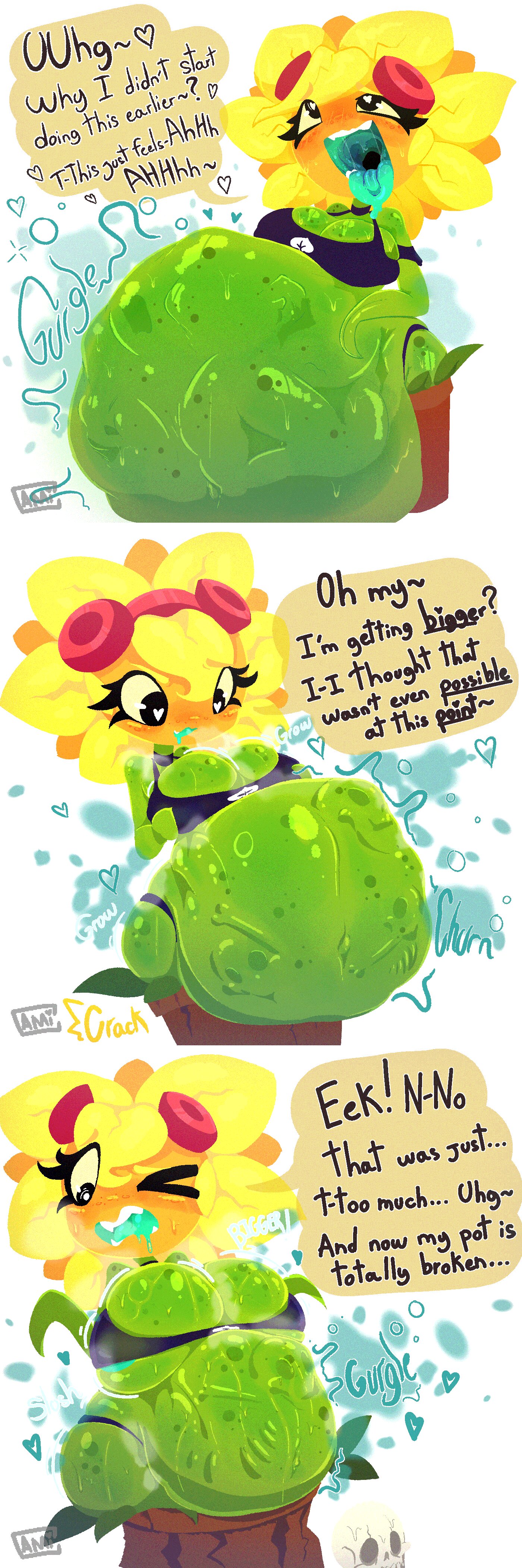 1girls, ahe gao, anthro, anthrofied, ass, belly, belly bulge, bones, bones in stomach, breasts, cami gz, camigz, digestion, english text, eyelid twitch, fat, fatal vore, female, female pred, flora fauna, hyper, hyper belly, plant, plant girl, plant humanoid, plantie, plants vs zombies, popcap games, pred, pussy, pvz, skull, solar flare (pvz), sunflower (pvz), vore, vore belly