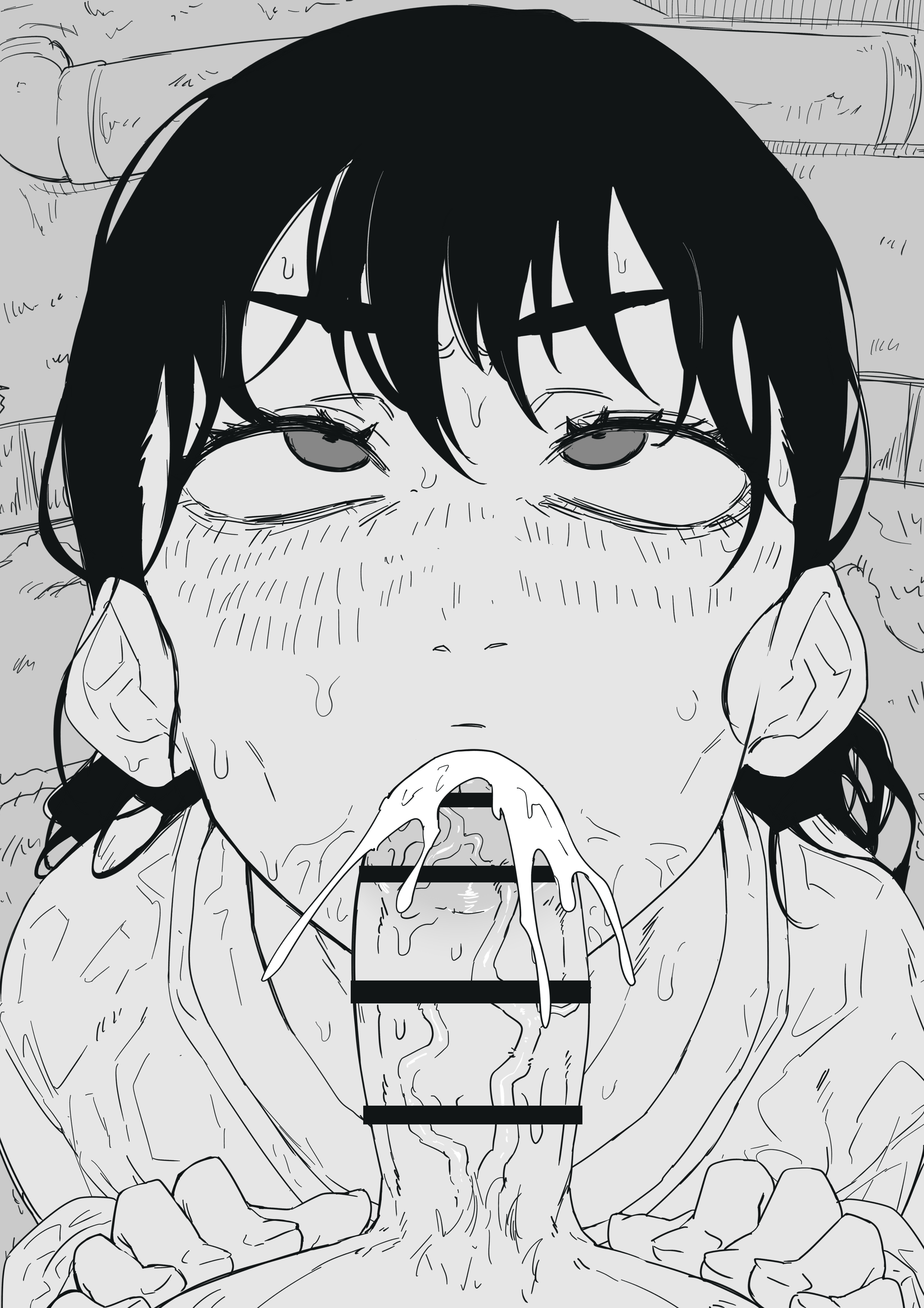 :>=, 1boy, 1girls, censored, chainsaw man, comic, cum, cum in mouth, denji (chainsaw man), earrings, female, gokkun, greyscale, highres, licking, licking penis, male, mitaka asa, mole, mole under eye, monochrome, nuezou, oral, penis, school uniform, short hair, swallowing, veins, veiny penis
