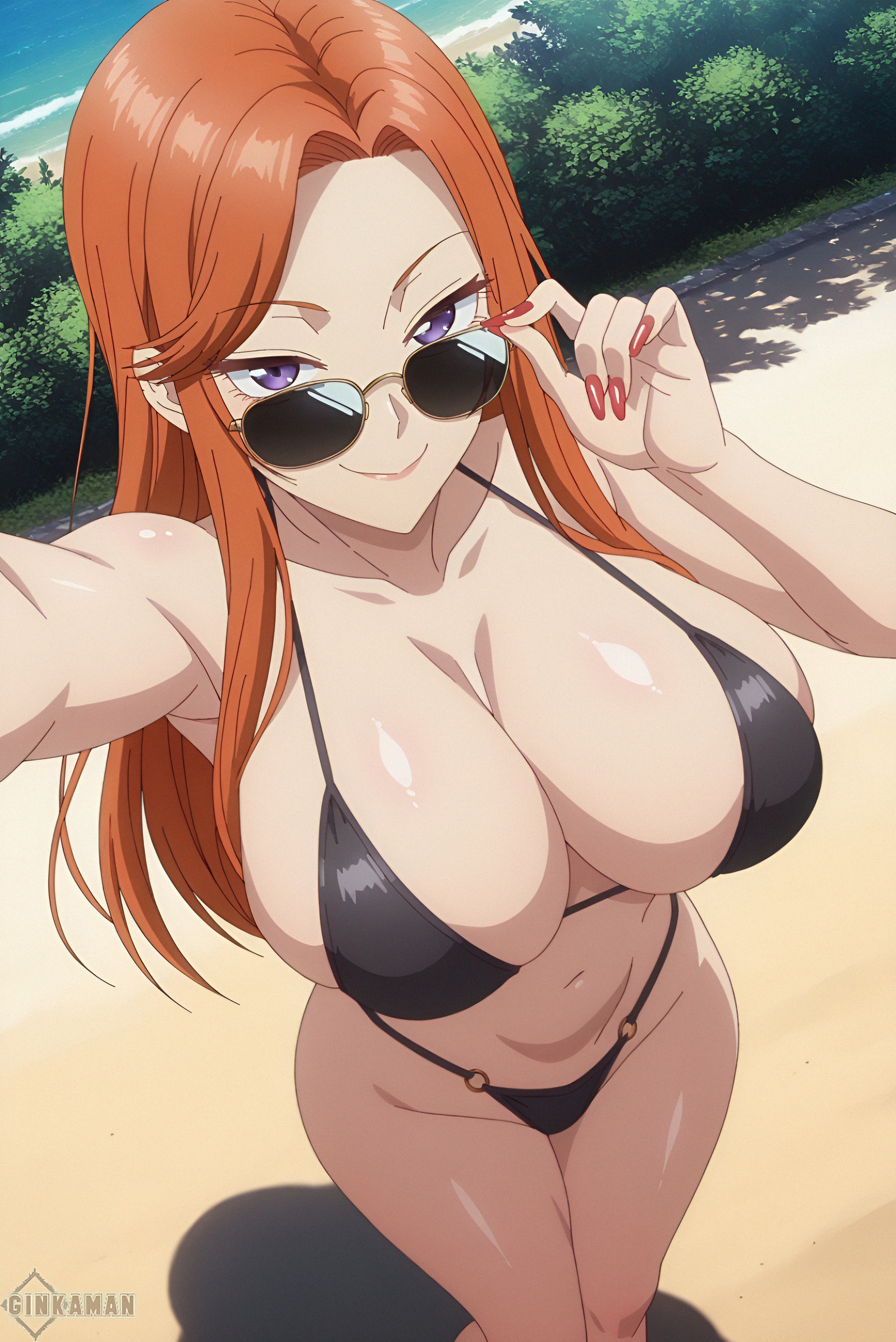 ai generated, bikini, black bikini, dosanko gal wa namara menkoi, fuyuki mai, ginkaman, huge breasts, mature female, micro bikini, milf, orange hair, smiley face