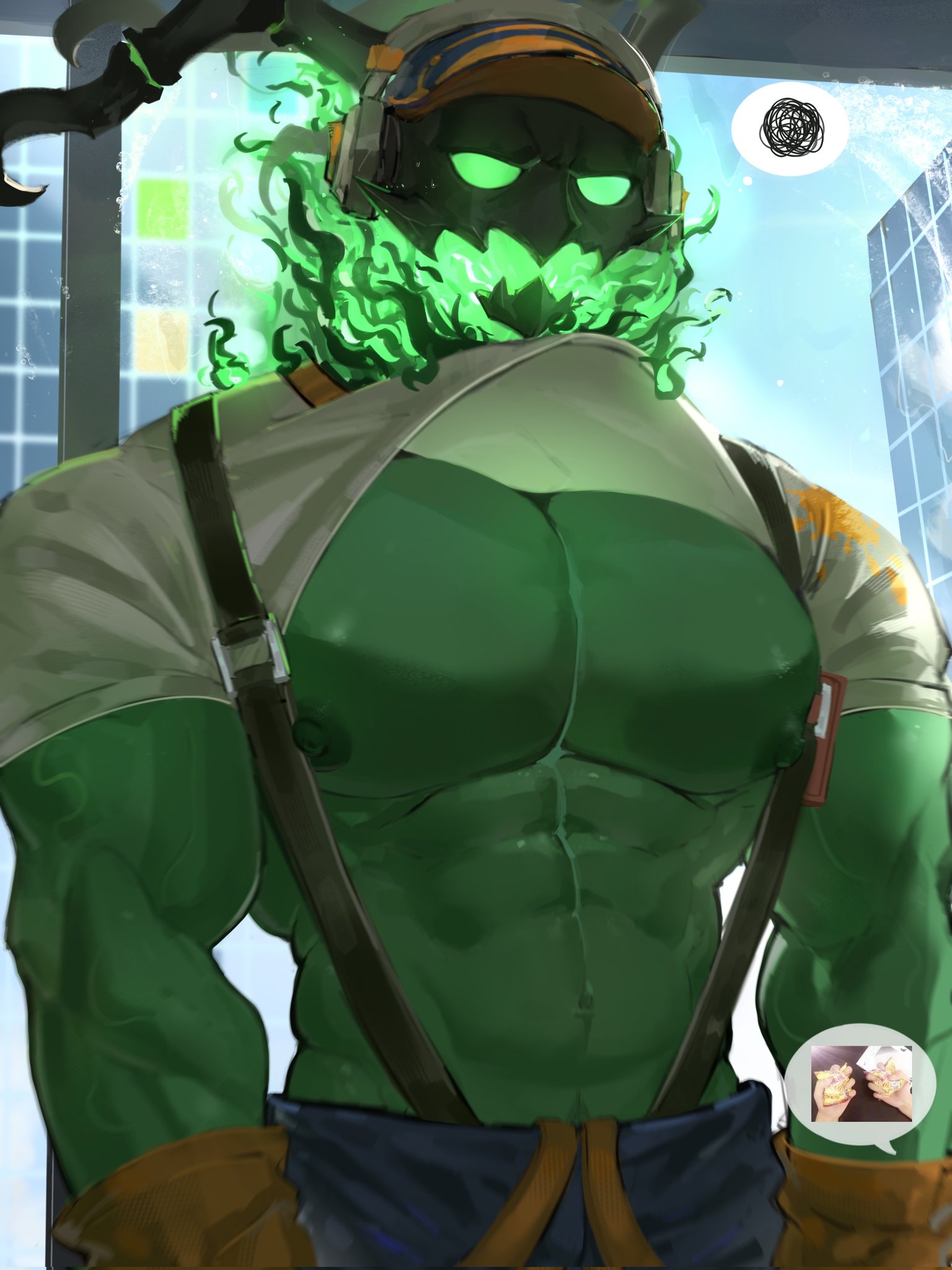 1boy, 2026, abs, bara, baseball cap, clothed, clothes, clothing, color, detailed background, gay, gloves, glowing green eyes, green skin, janitor, janitor thresh, league of legends, male, male nipples, male only, masked, masked male, muscles, muscular, muscular male, nipples, no visible genitalia, pants, riot games, shirt lift, six pack, skull, skull head, skull mask, speech bubble, standing, suspenders, thresh, topless, topless male, upper body, upper teeth only, white shirt, yaoi