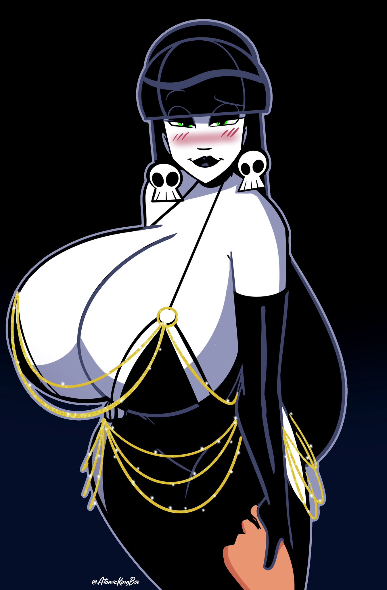 1girls, 2026, 2d, 2d (artwork), 2d artwork, artist name, ass, atomickingboo, big ass, big breasts, black dress, black hair, black hair female, black lips, black lipstick, black-haired female, blush, blush face, blush lines, blushed face, blushing, blushing at viewer, blushing female, blushing profusely, breasts, clothed, clothed female, clothing, digital media (artwork), dress, ear piercing, ear ring, earring, earrings, eyebrow raise, fancy, fancy clothing, fancy dress, female, female only, fully clothed, fully clothed female, gold, gold (metal), gold jewelry, goth, goth girl, gothic, gothic girl, hand holding, holding, holding hands, huge breasts, jewelry, light skin, light-skinned female, lindel dollice quilten, lips, lipstick, modakawa dress, oc, original, original character, pale skin, pale-skinned female, pierced ears, piercing, piercings, pov, pov eye contact, raised eyebrow, skull, skull earrings, solo, the besties (atomickingboo), thick thighs, thighs