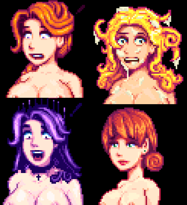 4girls, abigail (stardew valley), accurate art style, breasts, cleavage, crying, cum, cum on face, cum on hair, embarrassed, embarrassed nude female, enf, exposed, exposed breasts, female, female focus, haley (stardew valley), humiliation, large breasts, leah (stardew valley), multiple females, multiple girls, naked, nipples, nude, penny (stardew valley), pixel art, portrait, shocked, stardew valley, surprised, topless