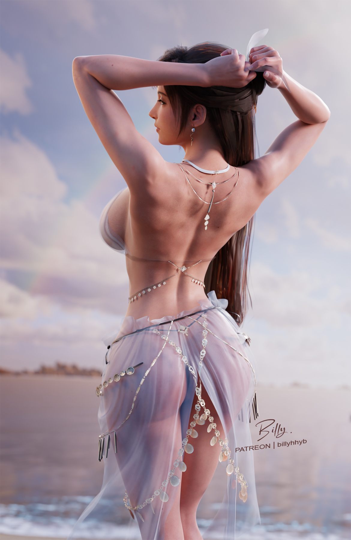 3d, adjusting hair, arms behind head, arms up, artist name, ass, back, bad id, bad pixiv id, beach, belly chain, bikini, bikini skirt, billyhhyb, breasts, cloud, commentary, earrings, english commentary, female, final fantasy, final fantasy vii, final fantasy vii: ever crisis, from behind, hair over shoulder, highres, jewelry, large breasts, median furrow, official alternate costume, official alternate hairstyle, outdoors, realistic, see-through clothes, see-through skirt, sideboob, skirt, solo, standing, swimsuit, thighs, tifa lockhart, tifa lockhart (passion mermaid), toned, toned female, white bikini