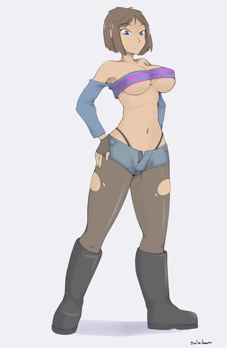 1girls, artist request, female, female only, frisk, off shoulder, pantyhose, presenting, revealing clothes, short shorts, shorts, slutty female, solo, solo female, solo focus, thong straps, torn pantyhose, underboob, undertale
