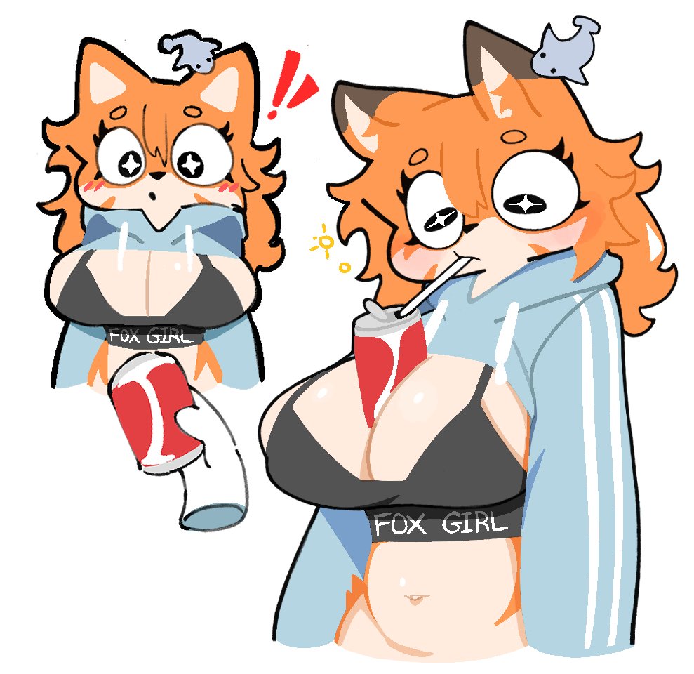 2026, anthro, anthro female, before and after, between breasts, beverage between breasts, beverage can, big breasts, blush, bra, breasts, brown ear tips, canid, canine, cleavage, clothed, clothing, convenient breasts, countershade torso, countershading, crop hoodie, digital drawing (artwork), digital media (artwork), dipstick ears, disembodied, drawstring hoodie, drinking straw, ear markings, emoji description, exclamation point, female, female anthro, fox, fur, furry, furry female, furry girl, grey bra, grey clothing, grey sports bra, grey underwear, hair, hand, huge breasts, inner ear fluff, large breasts, mammal, multicolored ears, navel, offering beverage, orange body, orange fur, orange hair, orange inner ear fluff, round eyes, simple background, small waist, solo, sports bra, ssslommm2, tan body, tan countershading, tuft, twitter link, underwear, white background, white sclera, wide eyed
