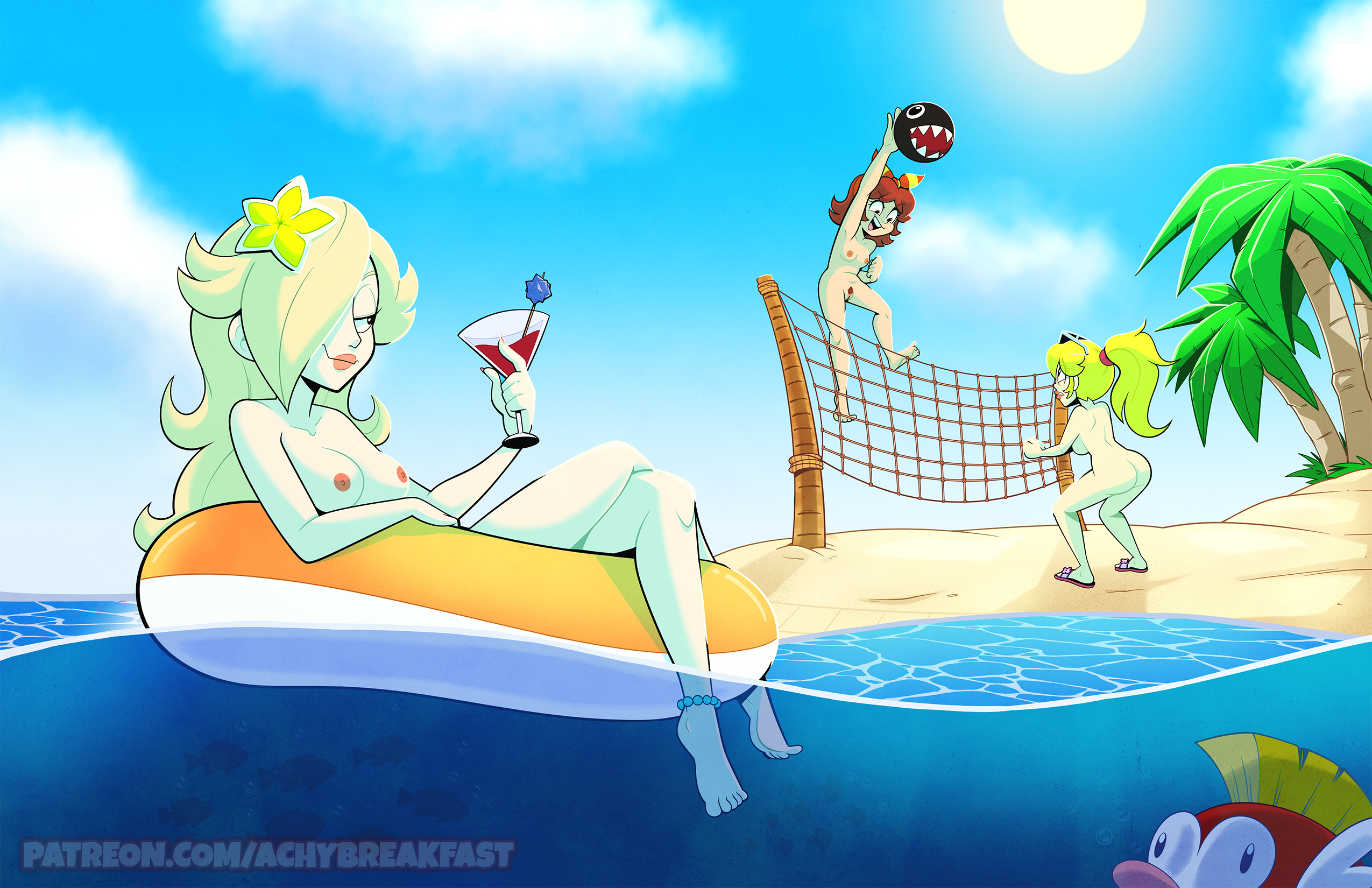 3girls, achybreakfast, areolae, ass, auburn hair, barefoot, beach, beach volleyball, blonde hair, breasts, casual nudity, cheep cheep, cocktail, cocktail glass, day, feet, female, female only, fish, floatie, hair ornament, hair over one eye, hairband, jumping, light skin, light-skinned female, long hair, mario (series), nipples, nude, outdoor nudity, outdoors, palm tree, ponytail, princess daisy, princess peach, princess rosalina, pubic hair, pussy, sandals, smile, squatting, sunglasses on forehead, volleyball, yellow hair
