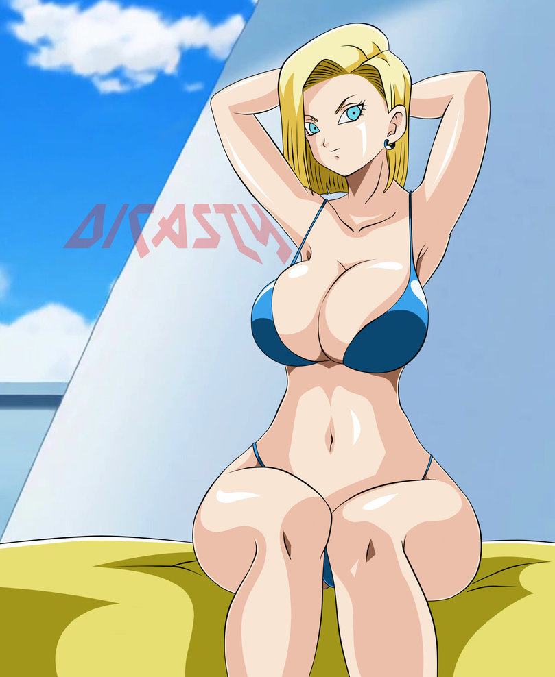 1girls, android 18, armpits, ass, big ass, big breasts, blonde hair, breasts, dicasty, dragon ball, female, female only, huge ass, large breasts, milf, source request, text, thick thighs, watermark, wide hips