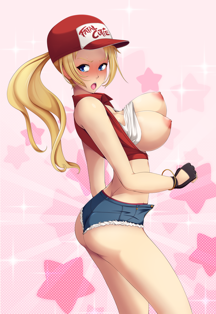 1girls areola areolae bare_legs baseball_cap big_breasts blonde_hair blue_eyes blush breasts busty canon_genderswap cap cleavage clothing cropped_jacket cropped_legs curvy exposed_breasts fatal_fury female female_only female_terry fingerless_gloves genderswap_(mtf) gloves hair hourglass_figure huge_breasts jacket jean_shorts jewelry king_of_fighters lalox large_breasts legs long_hair nipples open_mouth ponytail rule_63 shirt shirt_lift short_shorts snk snk_heroines:_tag_team_frenzy solo star terry_bogard thighs video_games voluptuous