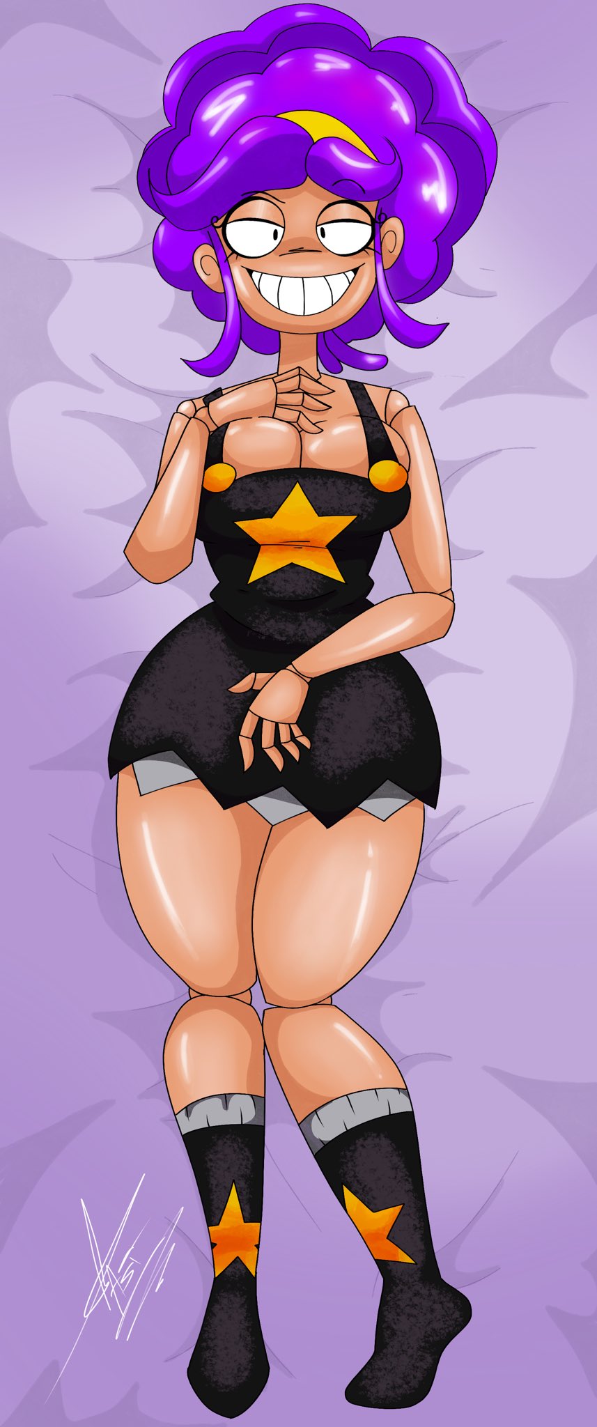 1female, 1girls, 2026, 2026s, 2d, 2d artwork, animate inanimate, bare breasts, bare shoulders, big breasts, big thighs, black dress, black eyes, braid, braided hair, braided ponytail, breasts, busty, curvy, curvy female, curvy figure, dakimakura, dakimakura design, dakimakura pillow, dakimakura pose, digital art, digital drawing, digital drawing (artwork), digital media, digital media (artwork), digital painting, digital painting (artwork), doll, doll girl, doll joints, eyelashes, female, female focus, fingers, hair, humanoid, humanoid female, inanimate animate, large breasts, lily lovebraids, living toy, long hair, long purple hair, mascot horror, mob entertainment, mob games, no bra, no shirt, noseless, not furry, overall dress, overall skirt, partially clothed, ponytail, ponytail (hair), ponytail female, poppy playtime, poppy playtime (chapter 5), purple hair, purple shirt, smile, smiling, video games