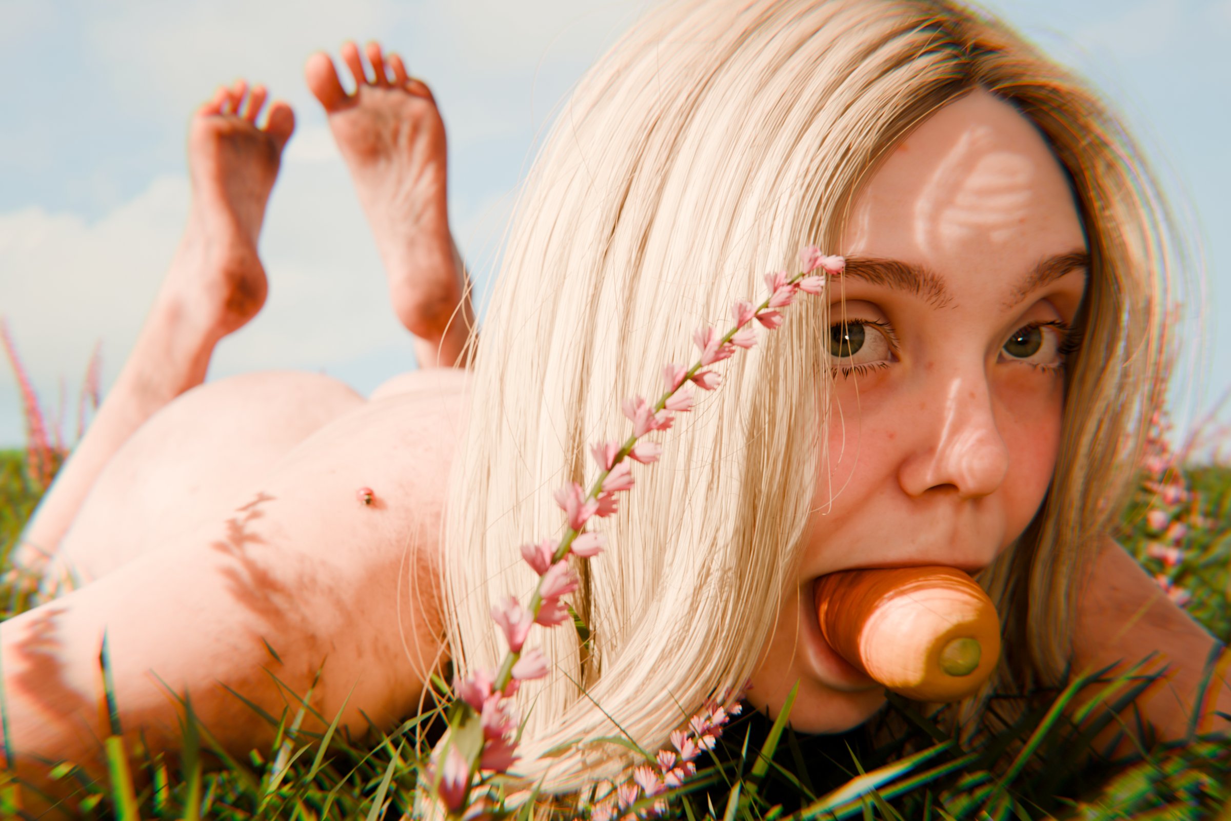 1girls, 2026, 3d, ass, barefoot, big ass, blonde hair, bug, carrot, carrot in mouth, completely nude, death stranding, death stranding 2: on the beach, dirty feet, dirty soles, elle fanning, feet, feet up, female, female only, flower, freckles, freckles on face, grass, green eyes, ladybug, laying down, long hair, louise bridges, lying on grass, lying on stomach, middle part, nothzard, nude, nude female, outdoor nudity, outdoors, raised eyebrows, sky, soles, solo, toes, toes spread, tomorrow (death stranding)