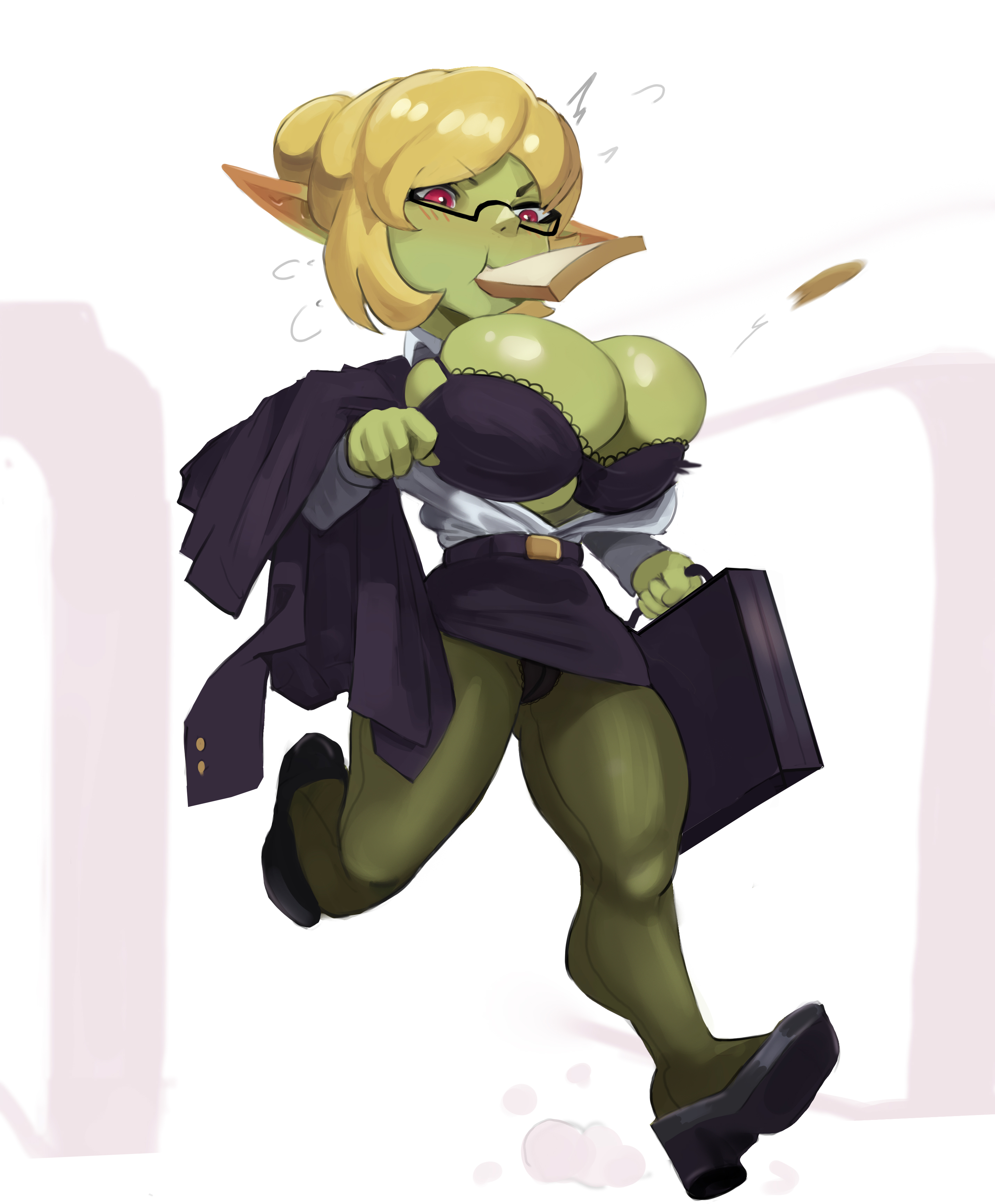 1girls, big breasts, blonde hair, blush, bra, bread in mouth, button pop, cleavage, cleavage overflow, cranihum, female, female only, glasses, goblin, goblin female, heels, inconvenient breasts, miss hardknocks, oc, office, office lady, panties, pantyhose, red eyes, running, shortstack, size difference, solo, suit, tagme, upskirt, wardrobe malfunction