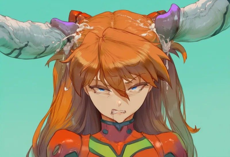 2boys, ai generated, asuka langley sohryu, cum on hair, hair ornament, long hair, mass production eva, multiple penises, neon genesis evangelion, penis, penis on head, pilot suit, plugsuit, tagme