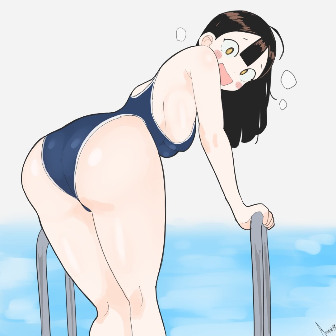 1girl 1girls akisas99 arm_support ass ass_cleavage ass_crack big_boobs big_breasts bikini blue_bikini blue_one-piece_swimsuit blue_swimsuit blue_swimwear breasts brown-eyed_female brown-haired_female brown_eyebrows brown_eyes brown_hair busty busty_female busty_girl butt curvaceous curvaceous_body curvaceous_female curvaceous_figure curvaceous_hips curvy curvy_ass curvy_body curvy_female curvy_figure curvy_hips dangling_breasts hanging_breasts head_tilt hourglass_figure huge_boobs huge_breasts inframammary_fold kneepits large_boobs large_breasts lean_figure legs_closed legs_together looking_back looking_back_at_viewer narrow_waist oc one-piece_swimsuit open_mouth original original_art original_artwork original_character original_female_character parted_lips plump_breasts school_swimsuit slender_body slender_waist slim_female slim_waist sukumizu swimsuit swimwear thick_ass thick_butt thighs_together tilted_head tongue wide_hips