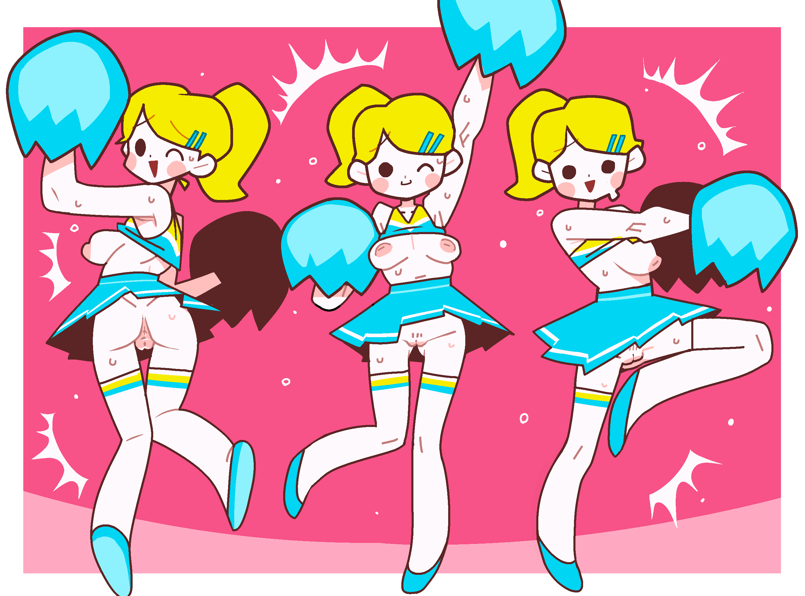 3girls, areolae, boobs, breasts, cheerleader, cheerleader outfit, cheerleader uniform, cheerleaders, exposed breasts, exposed pussy, female, female focus, female only, nipples, rhythm heaven, sarikyou, textless