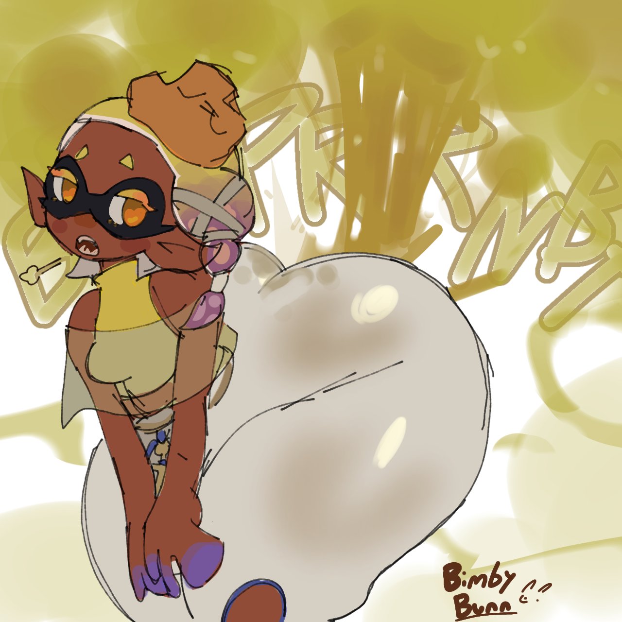 1girls, ass, ass bigger than head, bending forward, big ass, big butt, bunnbutevil, butt bigger than head, dark skin, dark-skinned female, fart, farting, female, front view, frye (splatoon), solo, splatoon, splatoon 3, thick thighs, thighs, thighs bigger than head, yellow hair
