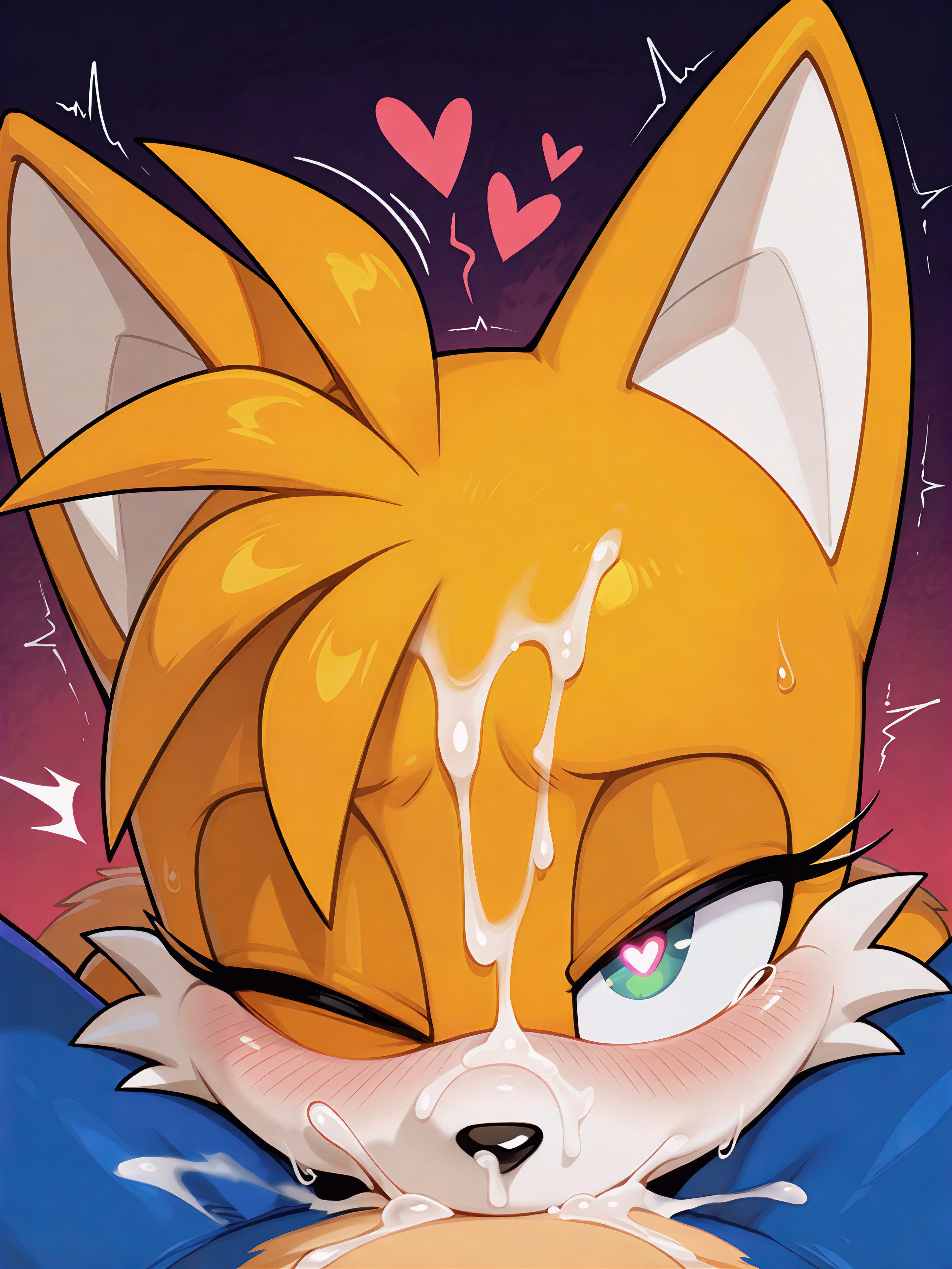2boys, ai generated, cum, cum in mouth, cum on face, cum out nose, deepthroat, face focus, femboy, heart symbol, heart-shaped pupils, looking at viewer, one eye closed, otoko no ko, sega, side story, sonic (series), sonic the hedgehog (series), tails the fox, trembling