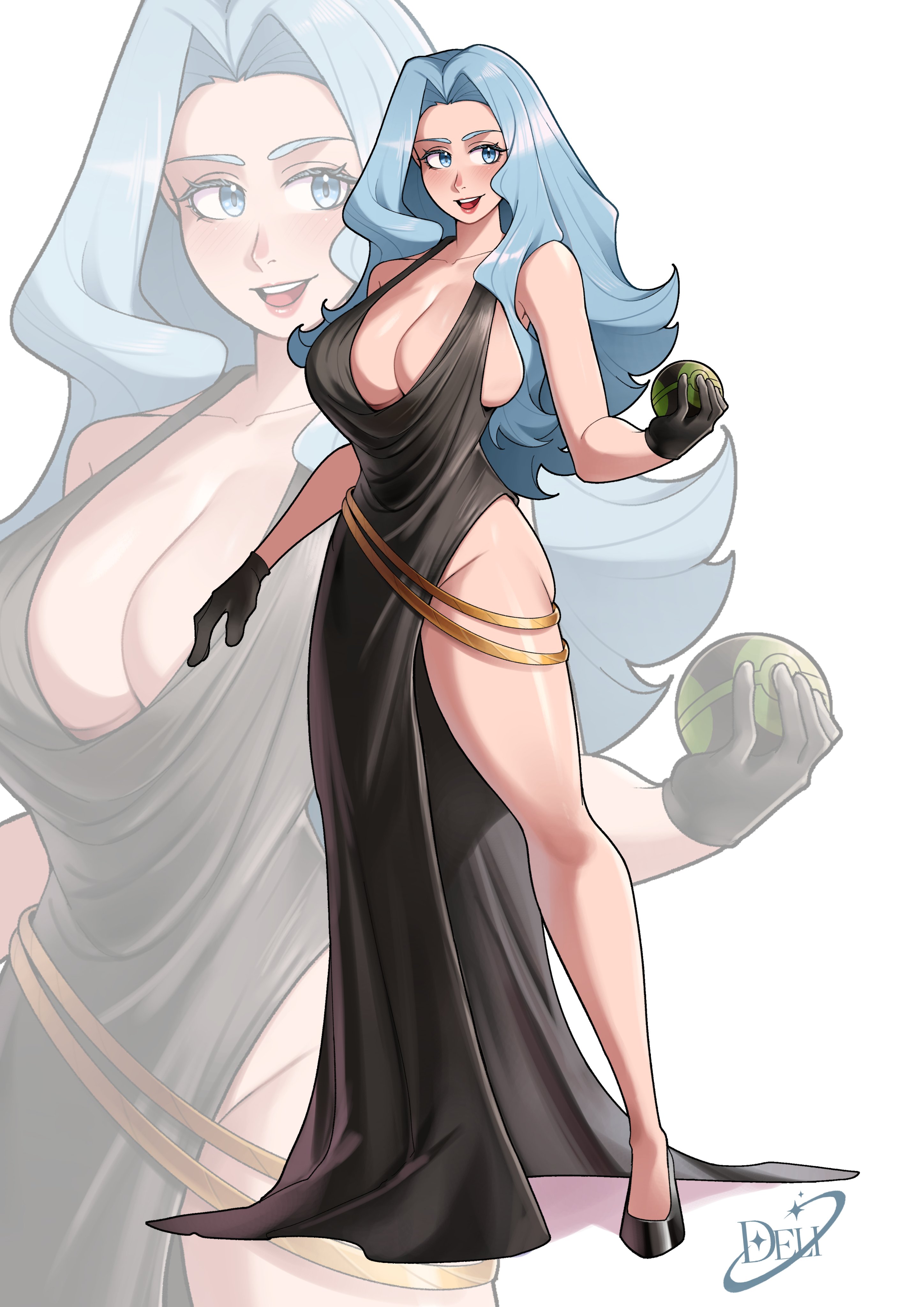 absurdres, bare shoulders, big cleavage, black gloves, blue eyes, blue hair, blush, bottomless, bottomless dress, bottomless heels, breasts, cleavage, collarbone, commentary, deliciousbrain, dress, dress slit, dusk ball, english commentary, erect nipples, female, full body, gloves, halter dress, halterneck, hanging breasts, high heels, highres, holding, holding poke ball, huge breasts, karen (pokemon), large breasts, long hair, looking at viewer, massive breasts, nipple bulge, no bra, no panties, open mouth, parted bangs, pink lips, poke ball, pokemon, pokemon hgss, sideslit dress, simple background, smile, standing, wavy hair, white dress, zoom layer