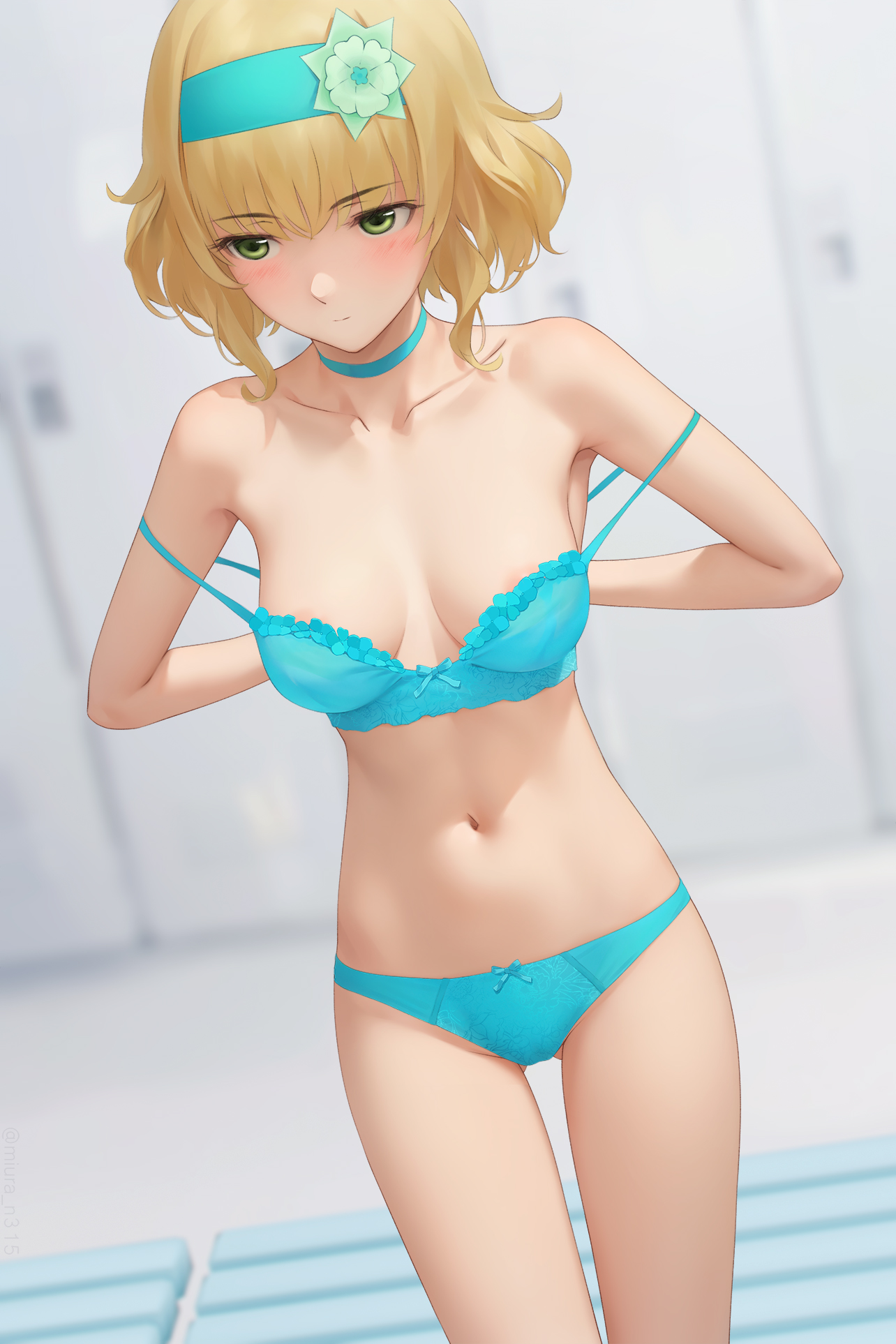 areola slip, arms behind back, blonde hair, blue bra, blue choker, blue hairband, blue panties, blurry, blurry background, blush, bra, breasts, choker, closed mouth, collar, commentary, depth of field, female, green eyes, hairband, highres, locker, locker room, medium breasts, miura-n315, natalia luzu kimlasca lanvaldear, natalia luzu kimlasca lanvaldear (beloved princess), navel, panties, short hair, solo, standing, strap slip, tales of (series), tales of the abyss, underwear, underwear only, undressing