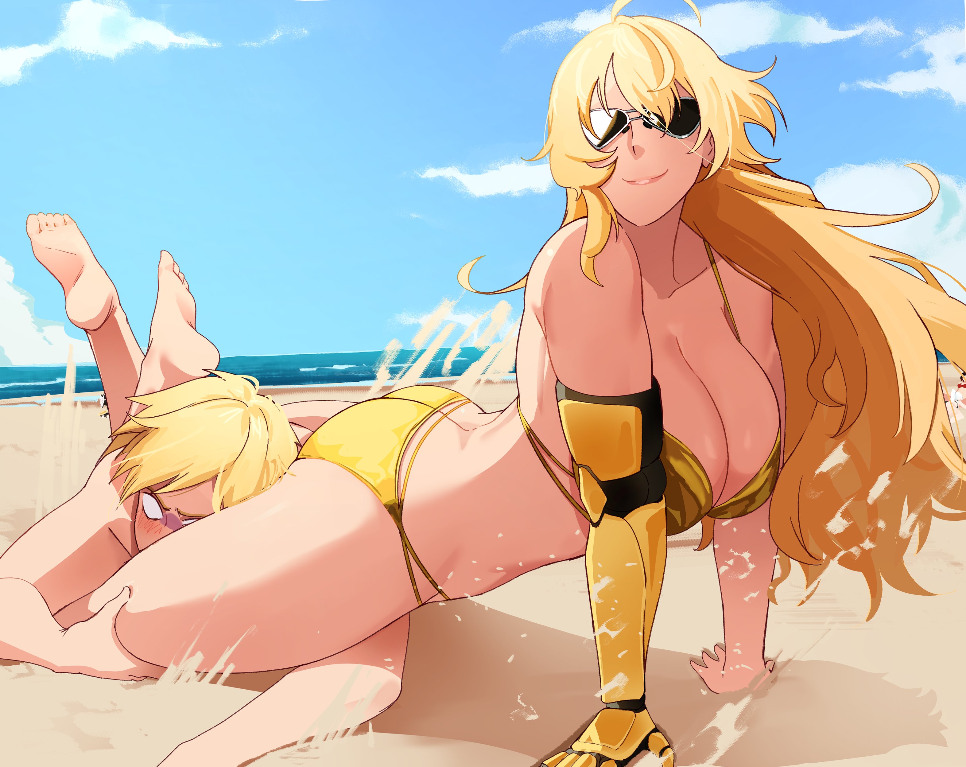 1boy, 1boy1girl, 1girl, 1girls, ahoge, ass, bare shoulders, bare thighs, barefoot, beach, big breasts, bikini, blonde, blonde female, blonde hair, blonde-haired female, blonde-haired male, blue sky, blush, blushing, breasts, cleavage, clothing, cloud, clouds, couple, day, eyewear, feet, female, femdom, gold bikini, hentaly, hetero, jaune arc, large breasts, leg lock, leglock, legs around head, legs around partner, light skin, light-skinned female, light-skinned male, long hair, male, male/female, malesub, mechanical arms, multiple girls, ocean, outdoors, pinup, pinup pose, prosthesis, prosthetic, prosthetic arm, robotic arm, robotic limb, rooster teeth, rwby, sand, shoreline, short hair, siblings, single mechanical arm, sky, smile, smiling, soles, sunglasses, swimsuit, take down, thighs, viz media, wrestling, yang xiao long, yellow bikini
