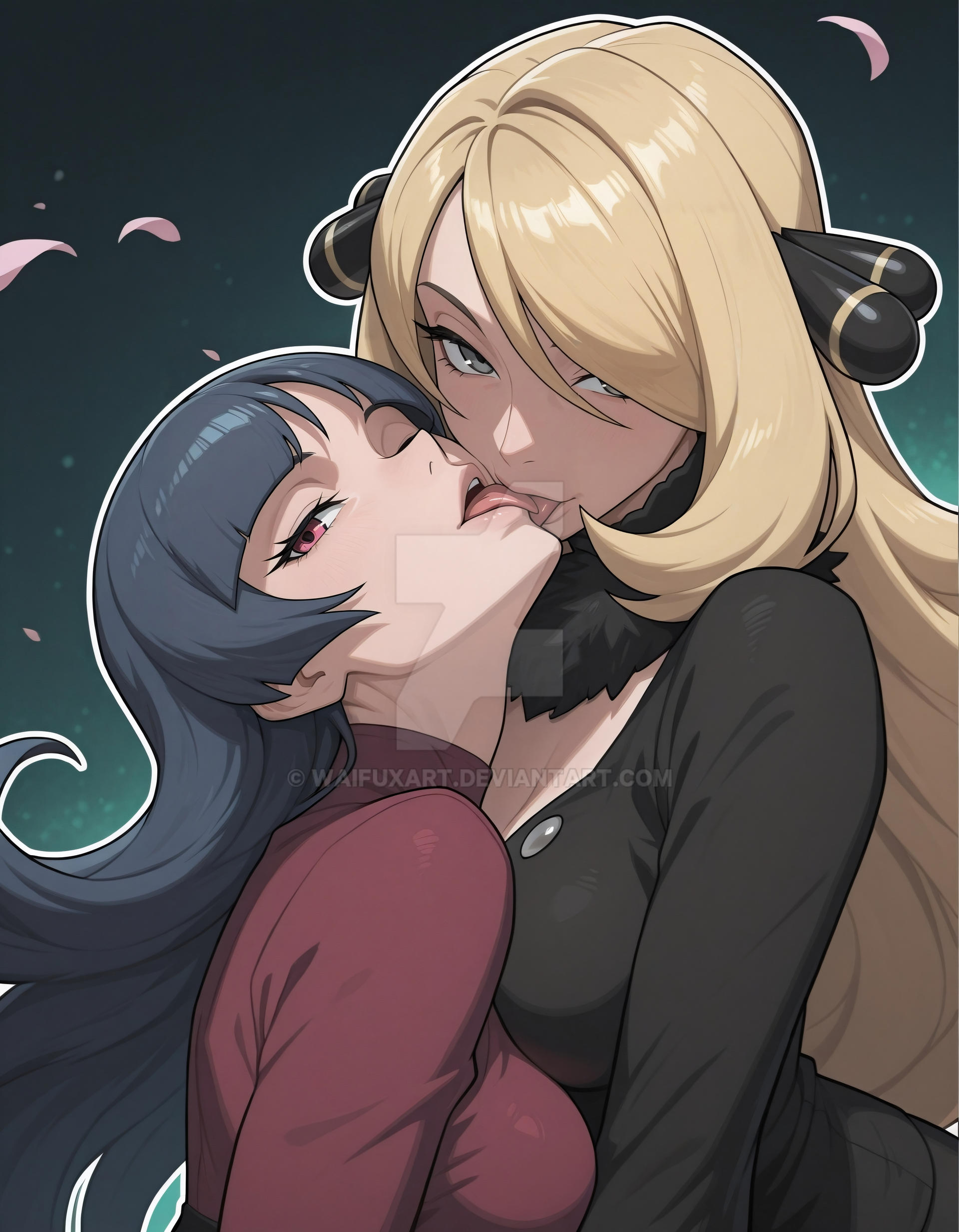 2girls, ai generated, bangs, big breasts, black dress, black hair, black hair ornament, blonde female, blonde hair, blunt bangs, breast press, couple, cynthia (pokemon), dress, duo, female only, female/female, french kiss, game freak, grey eyes, gym leader, hair ornament, hair over one eye, half-closed eyes, head tilt, hime cut, kissing, lips, long hair, looking at viewer, love, medium breasts, multiple females, multiple girls, mutual yuri, neck, nintendo, open mouth, petals, pink petals, pokemon, pokemon champion, pokemon dppt, pokemon rgby, red eyes, red shirt, red sweater, romantic, romantic couple, sabrina (pokemon), shirt, straight hair, sweater, tongue, tongue out, turtleneck, turtleneck shirt, turtleneck sweater, upper body, very long hair, waifuxart, yuri