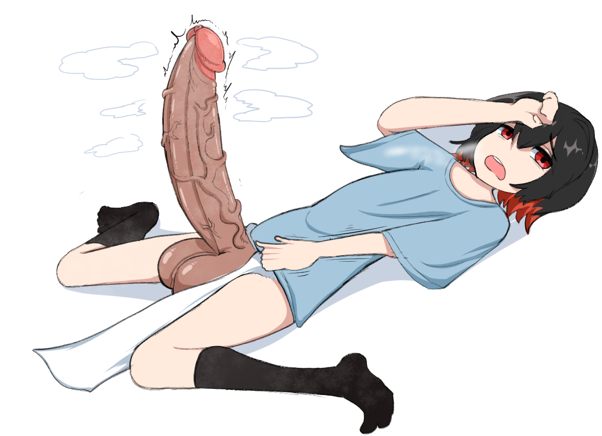 1boy, big balls, big penis, black hair, black socks, erection, exhausted, femboy, huge balls, huge cock, hung trap, laying on back, male, mllatep, original character, otoko no ko, red eyes, red hair, solo, steamy penis, thick penis, trap, two-tone hair, veiny penis