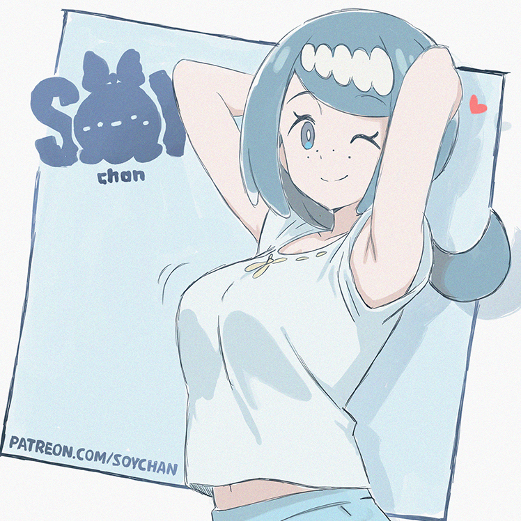 1girls, alternate version available, armpits, arms behind head, blue eyes, blue hair, breast focus, breasts, clothing, female, female only, freckles, freckles on face, game freak, hair, heart, lana's mother (pokemon), mature, mature female, mature woman, milf, mother, one eye closed, pokemon, pokemon sm, shirt, smile, solo, solo female, soy-chan, topwear, upper body, upper body only, white shirt, wink, winking