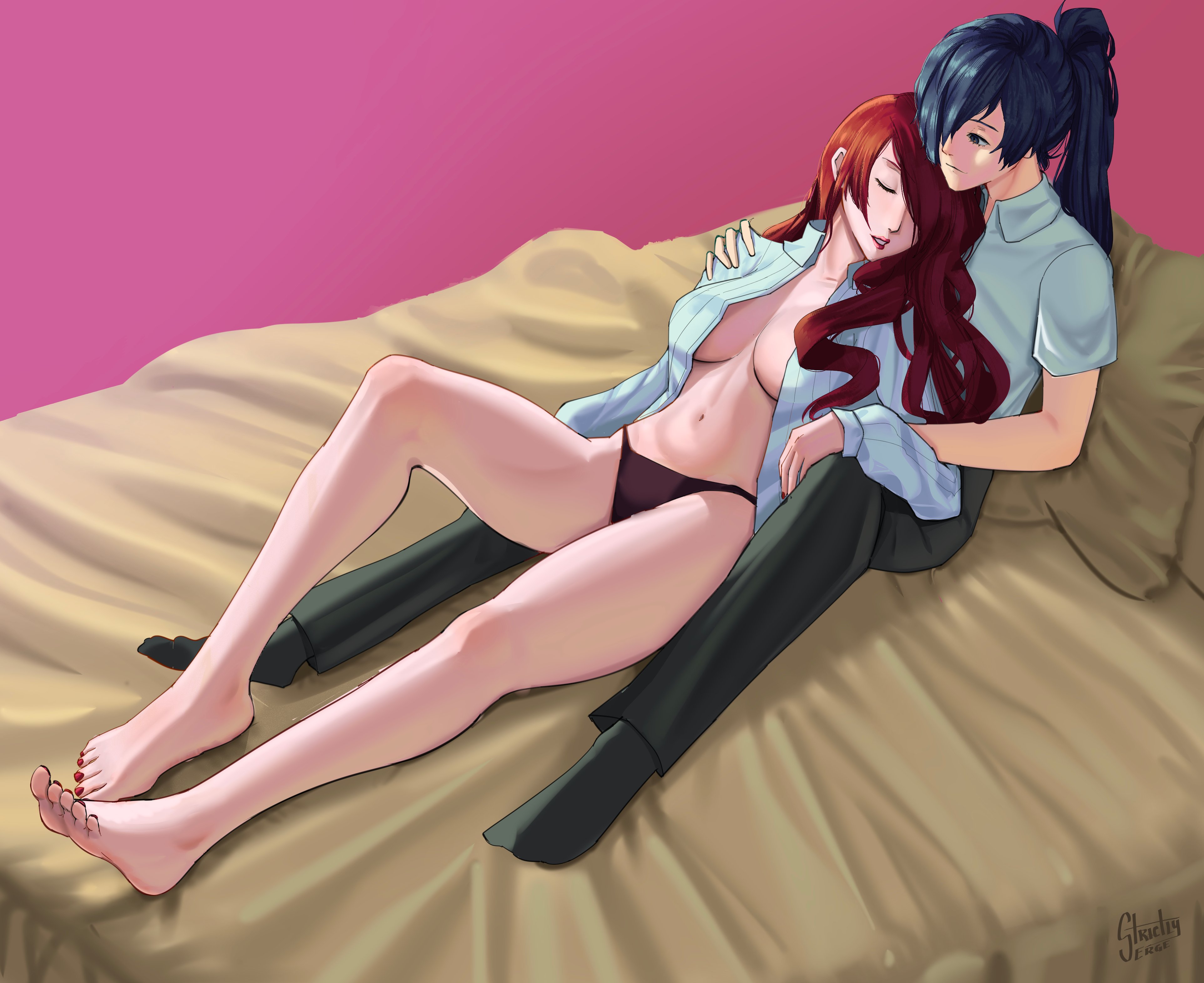 1boy, 1girls, artist logo, artist name, atlus, bed, blue hair, breasts, breasts out, casual, female, hair over one eye, loose clothes, makoto yuki, male, megami tensei, mitsuru kirijo, on bed, panties, persona, persona 3, red eyes, red hair, sega, sleeping, strictlyserge