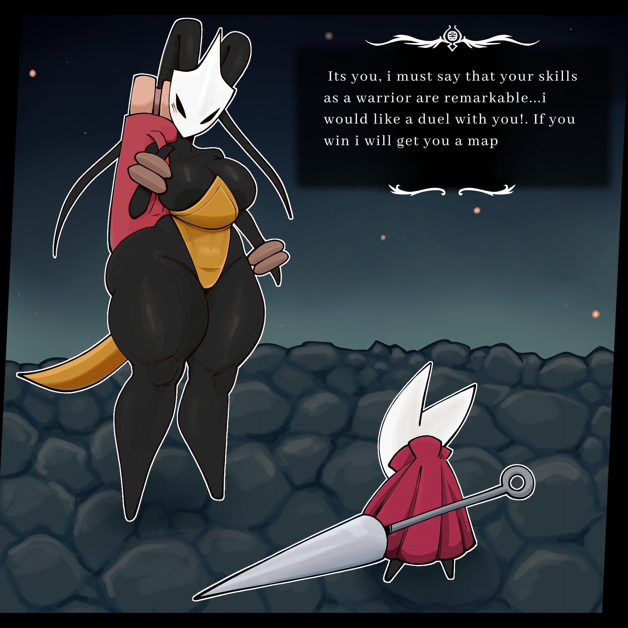 1futa, 1girls, breasts, cloak, dialogue, female, futanari, gallo wazavi, hollow knight, hollow knight: silksong, hornet (hollow knight), intersex, large breasts, shakra (hollow knight), shortstack, size difference, text, thick thighs