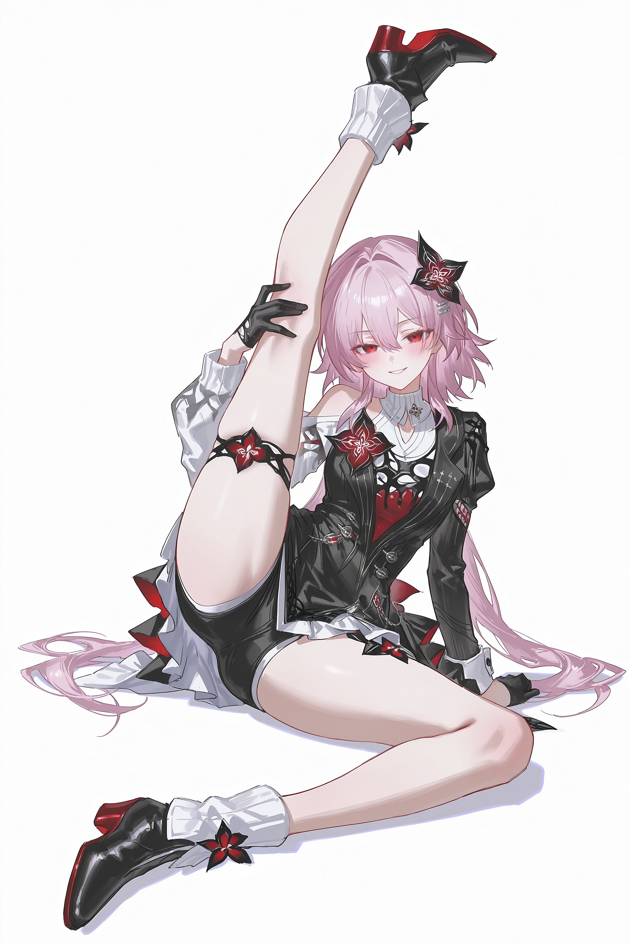1girls, ai assisted, ai generated, black underwear, evernight (honkai: star rail), female, hair on floor, honkai: star rail, hoyoverse, legs up, long hair, march 7th (honkai: star rail), mihoyo, pink hair, ponytail, red eyes, stretching, thighband, underwear, upskirt, white background