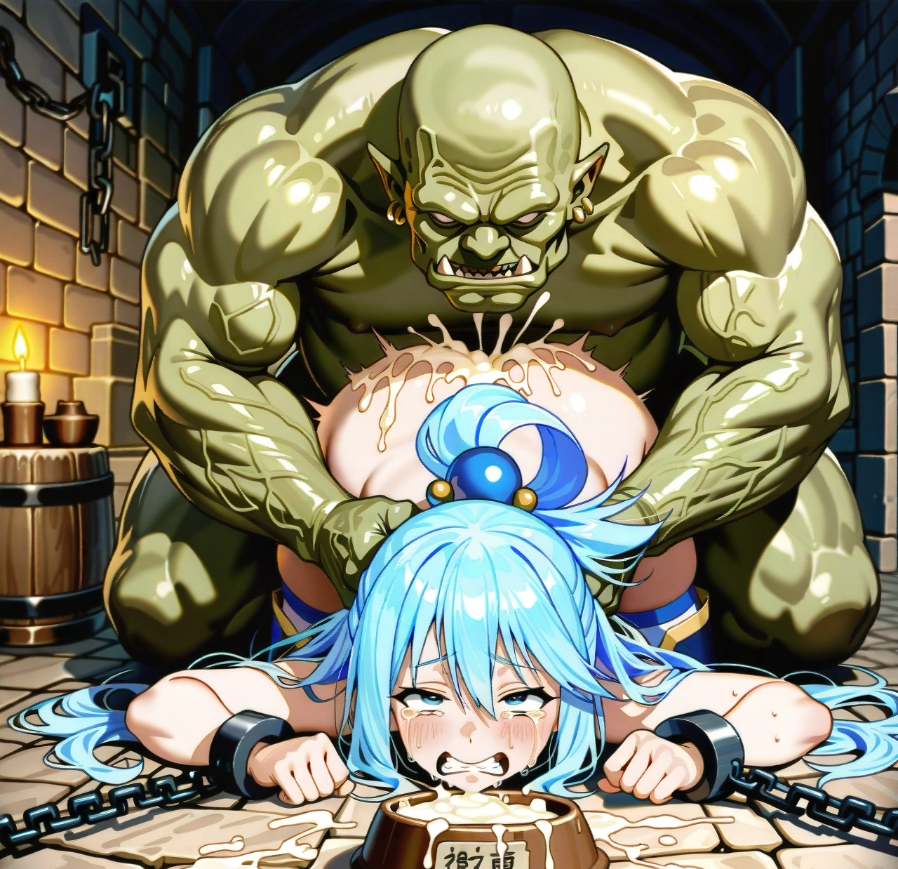 after rape, ai generated, aqua (konosuba), aqua eyes, aqua hair, chained, cum bowl, cum in container, cum inside, female, kono subarashii sekai ni shukufuku wo!, konosuba, long hair, male, male penetrating female, male raping female, monster, nude, nude female, orc, orc male, rape, sex, sex from behind, struggling, tired