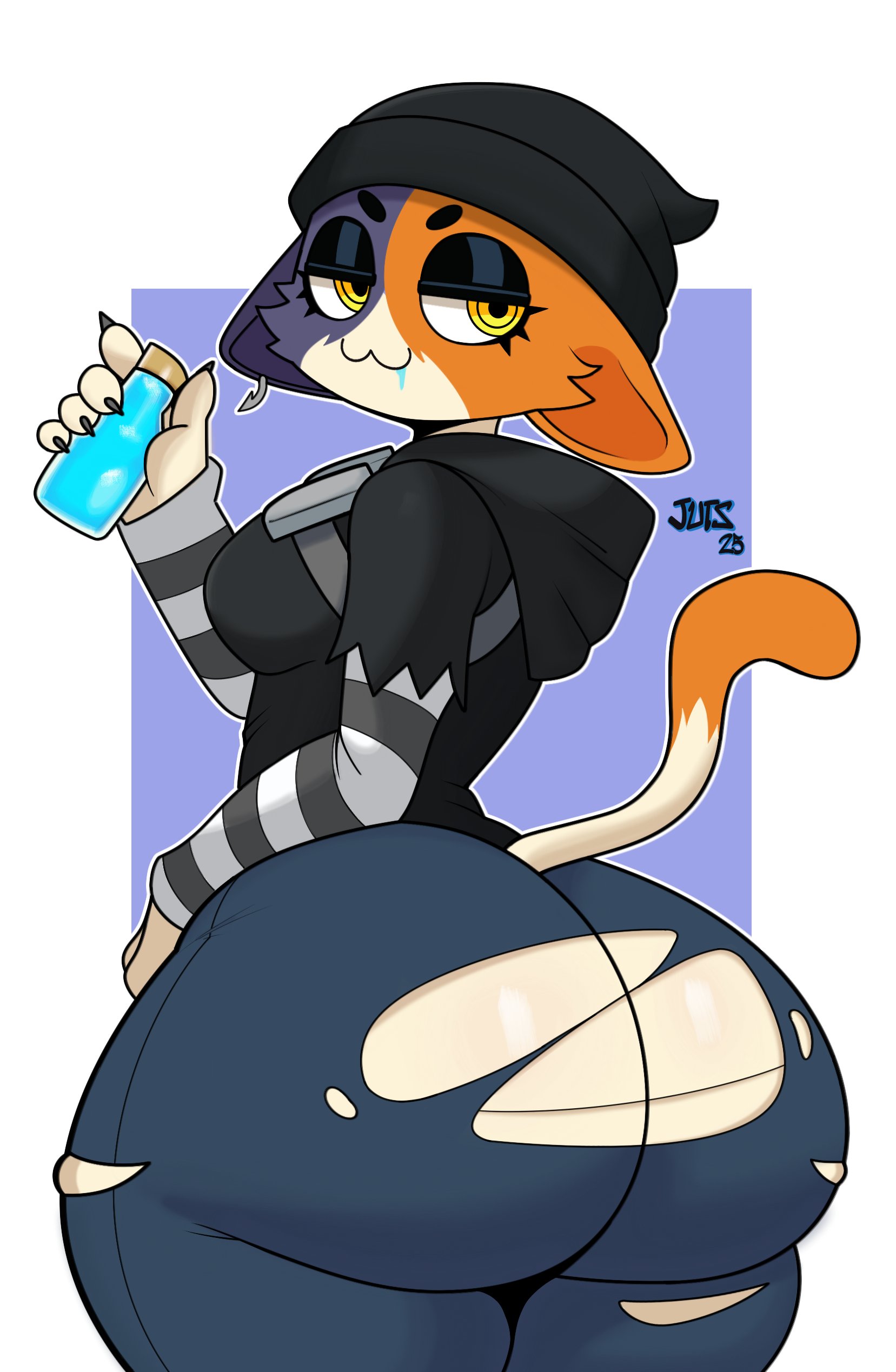 absurd res, anthro, ass, beanie, bedroom eyes, big butt, black beanie, black clothing, black eyeshadow, black hat, black headwear, black hoodie, black topwear, bottomwear, calico cat, chug jug, clothed, clothed anthro, clothed female, clothing, denim, denim bottomwear, denim clothing, domestic cat, ear piercing, epic games, eyeshadow, felid, feline, felis, female, fortnite, fur, hat, headgear, headwear, hi res, hoodie, huge butt, huge thighs, jeans, jutsapostion, long sleeves, makeup, mammal, meow skulls (fortnite), multicolored body, multicolored fur, narrowed eyes, pants, piercing, rear view, seductive, solo, standing, thick thighs, topwear, torn bottomwear, torn clothing, torn jeans, torn pants, white body, white fur, yellow eyes