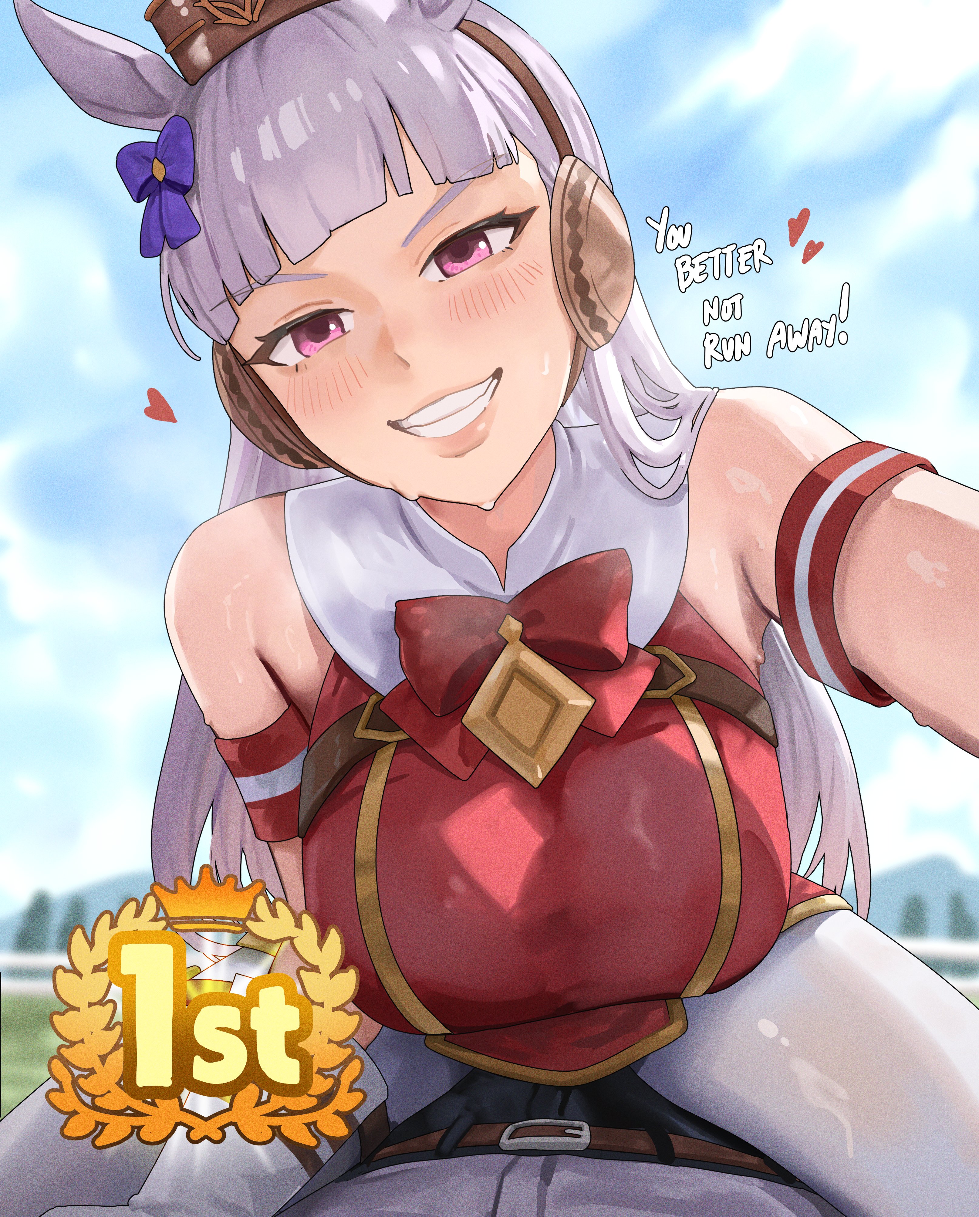 1boy, 1girls, absurd res, animal ears, blurry background, blush, breasts, dialogue, female, femdom, gameplay mechanics, gold ship (umamusume), grin, heart, hi res, horse ears, large breasts, lips, looking at viewer, male, male pov, nisakusa, pov, riding, smile, straddling, sweat, teeth, text, umamusume, umamusume pretty derby, white hair