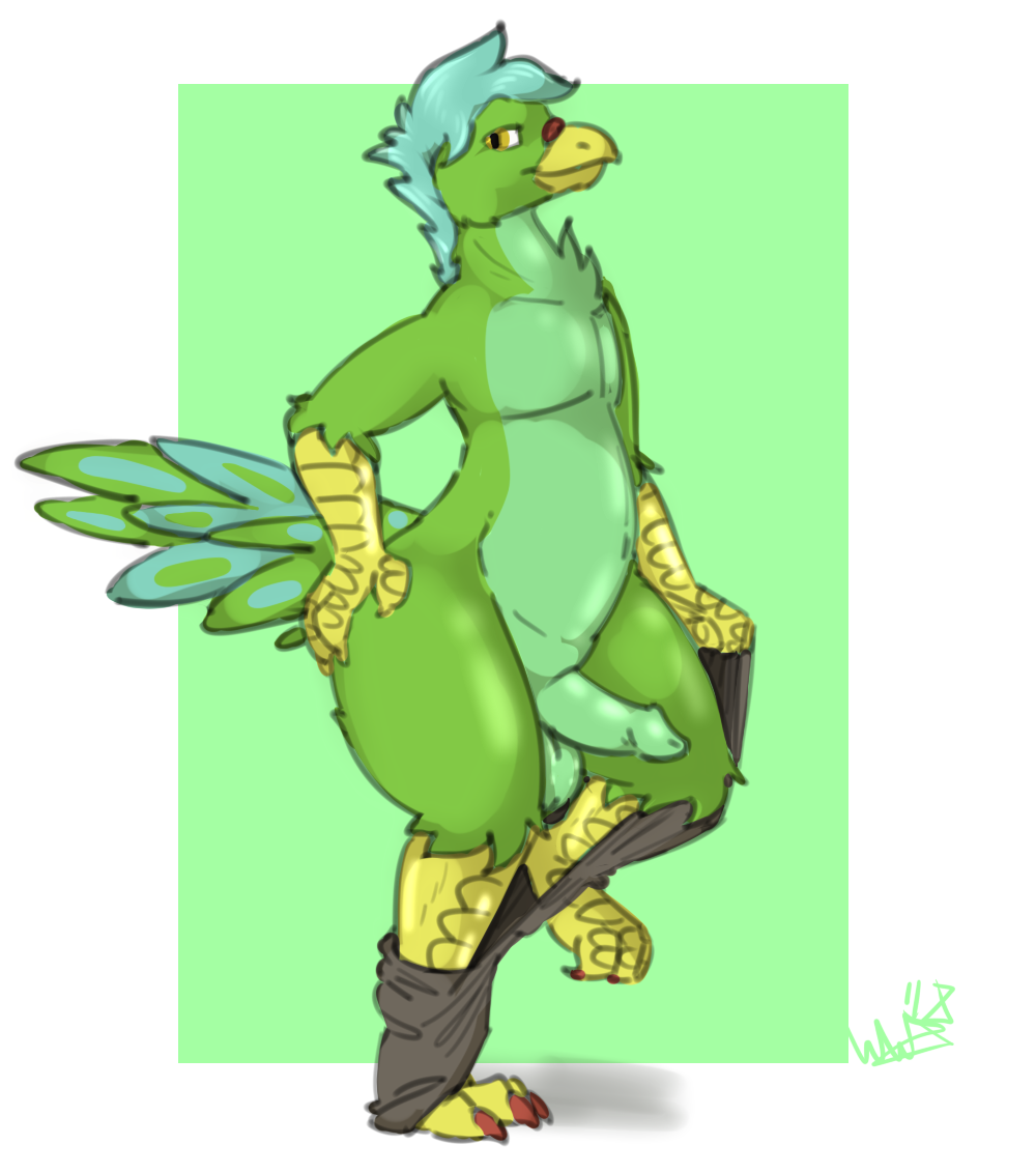 anthro ass avian balls beak bird blue_feathers blue_hair clothing erection feathers green_feathers hair invalid_tag looking_at_viewer male male_only nude pants parrot patrigue penis solo talons undressing wide_hips wingedwilly yellow_eyes