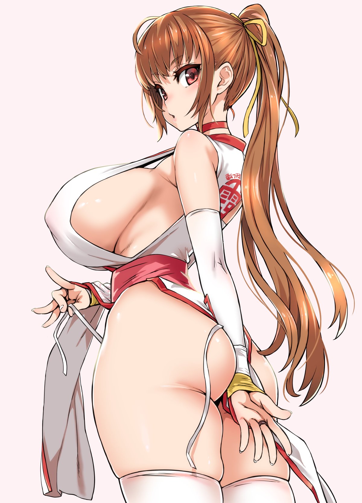 1girls, asanagi, ass, bangs, bare shoulders, big breasts, blush, breasts, brown hair, choker, commentary request, curvy, dead or alive, detached sleeves, eyebrows visible through hair, female, female only, from behind, hair ribbon, highres, hips, huge ass, huge breasts, japanese clothes, kasumi (doa), long hair, looking at viewer, looking back, ninja, open mouth, panties, pelvic curtain, pink background, ponytail, red eyes, ribbon, side-tie panties, sideboob, simple background, skindentation, solo, standing, thick thighs, thighhighs, thighs, underwear, untied, untied panties, very long hair, white legwear, wide hips