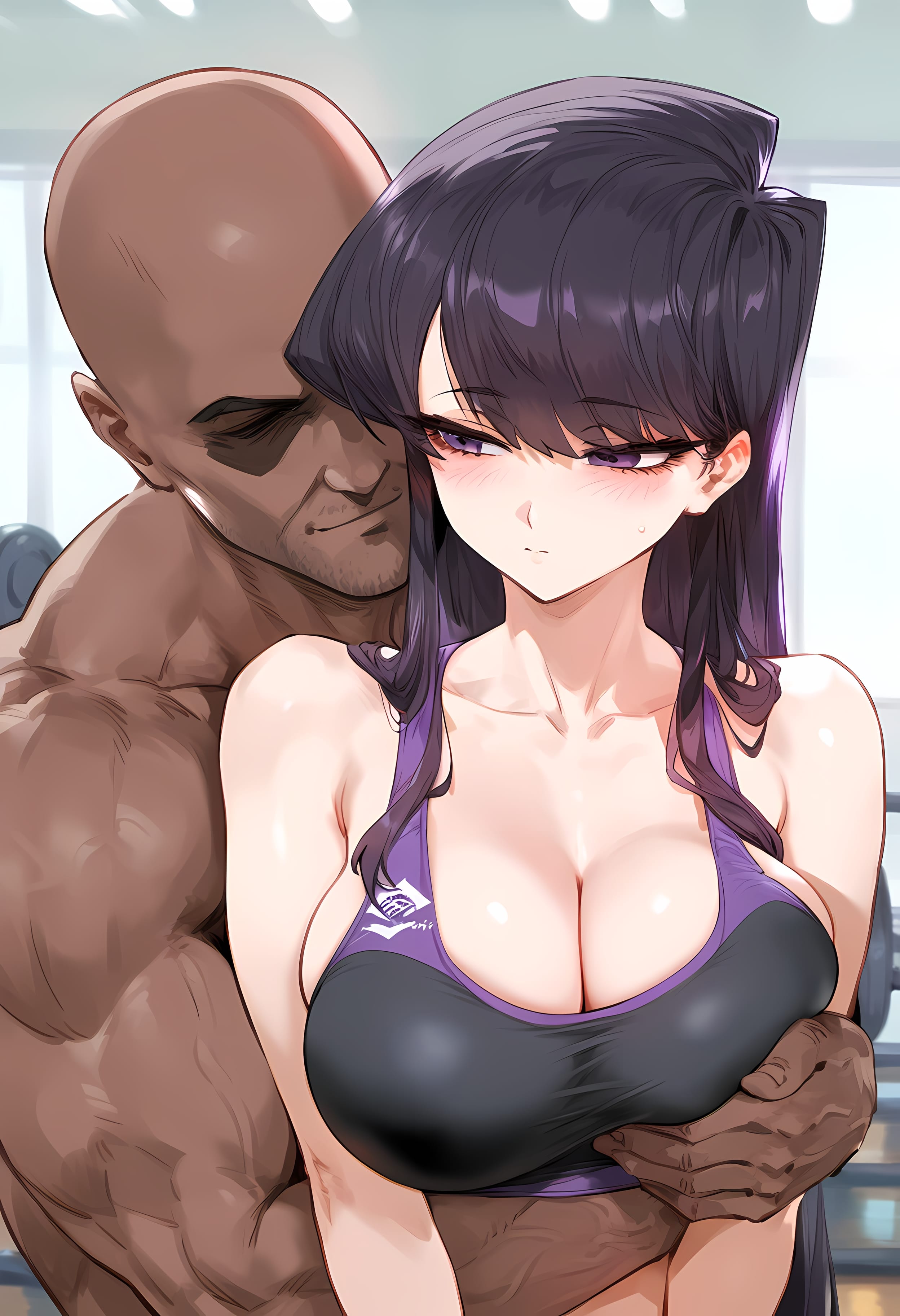 ai generated, arm around waist, blush, breast grab, breasts, breasts bigger than head, cheating, cheating girlfriend, cleavage, dark-skinned male, embarrassed, expressionless, faceless male, grabbing from behind, groping, groping breasts, gym, imminent sex, komi shouko, komi-san wa komyushou desu, large breasts, looking at another, male, muscular, muscular male, nakatori, netorare, ntr, skindentation, sports bra, stubble