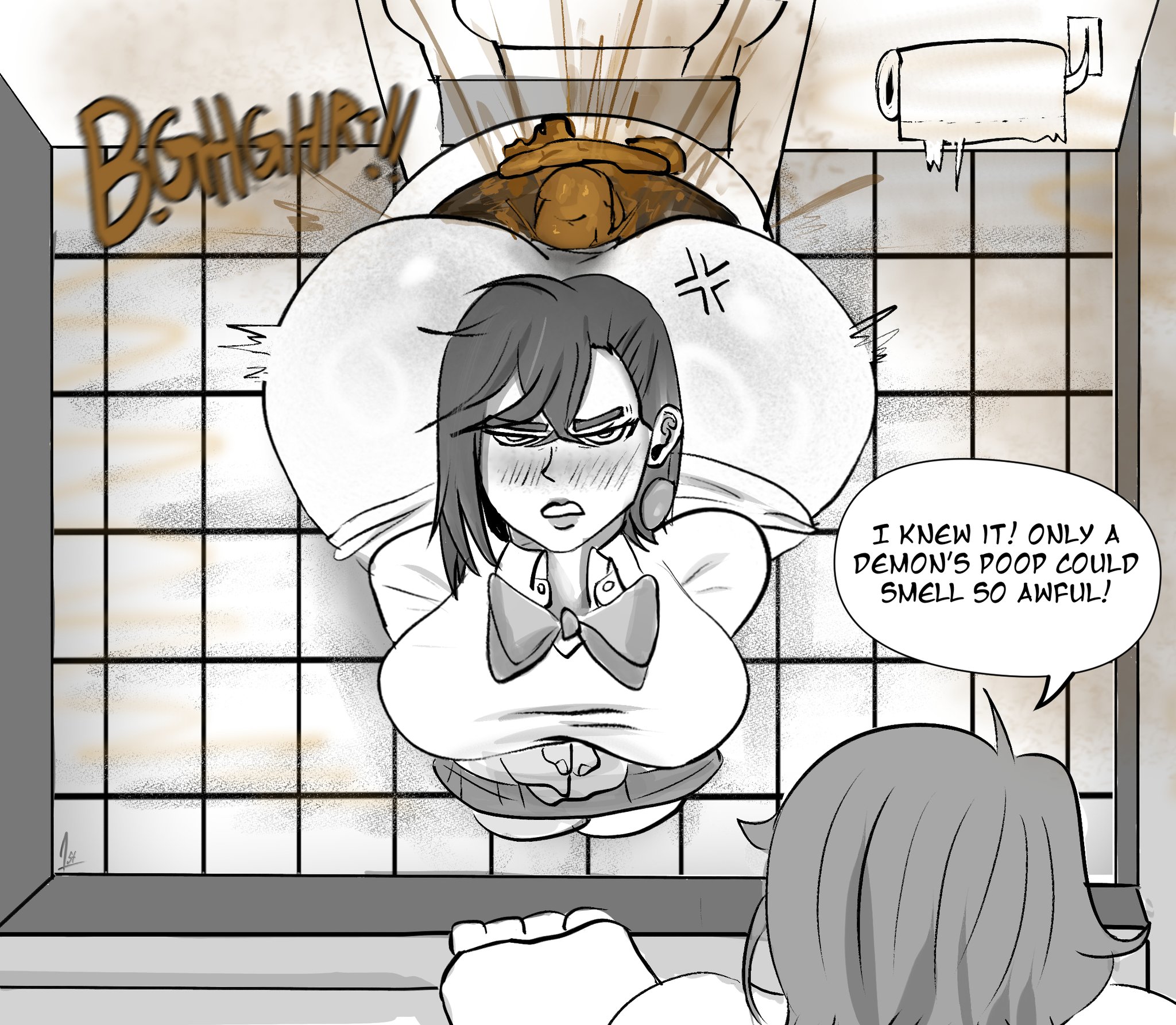 1ststinksfirst, 2girls, anger vein, ayase momo, bad smell, bare ass, bare butt, bathroom, blush, dandadan, fart, fart cloud, fart fetish, farting, female, momo ayase, scat, school uniform, schoolgirl, shart, sharting, shitting, toilet, toilet use, wet fart