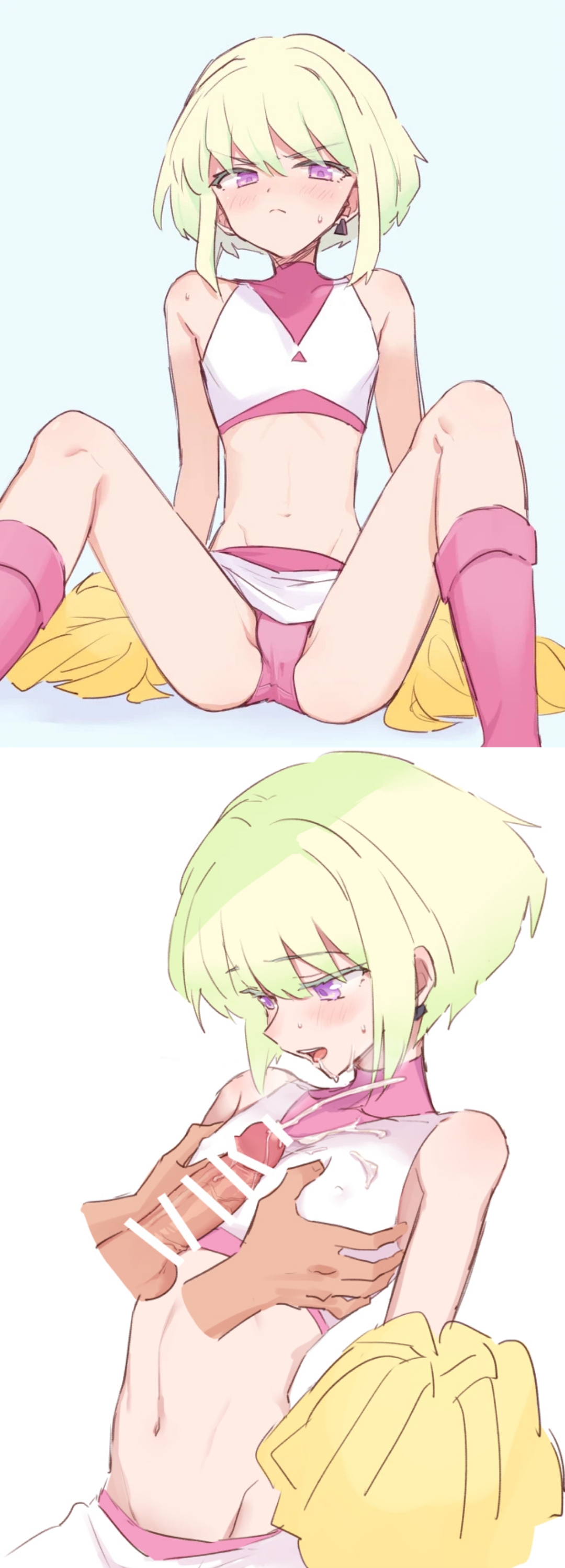 1boy, 2koma, androgynous, blush, censor bar, censored, censored penis, cheerleader, cheerleader uniform, crossdressing, crossdressing male, cum, cum in mouth, cumshot, disembodied hands, disembodied penis, embarrassed, femboy, femboy focus, gay, gay sex, green hair, legs apart, lio fotia, male, male focus, male on femboy, male only, naizuri, naizuri over clothes, navel, nipple bulge, open legs, paizuri, panties, pecjob, penis, petite, petite body, petite male, promare, purple eyes, slim, slim male, slim waist, solo focus, tagme (artist), tight clothing, unknown artist, yaoi
