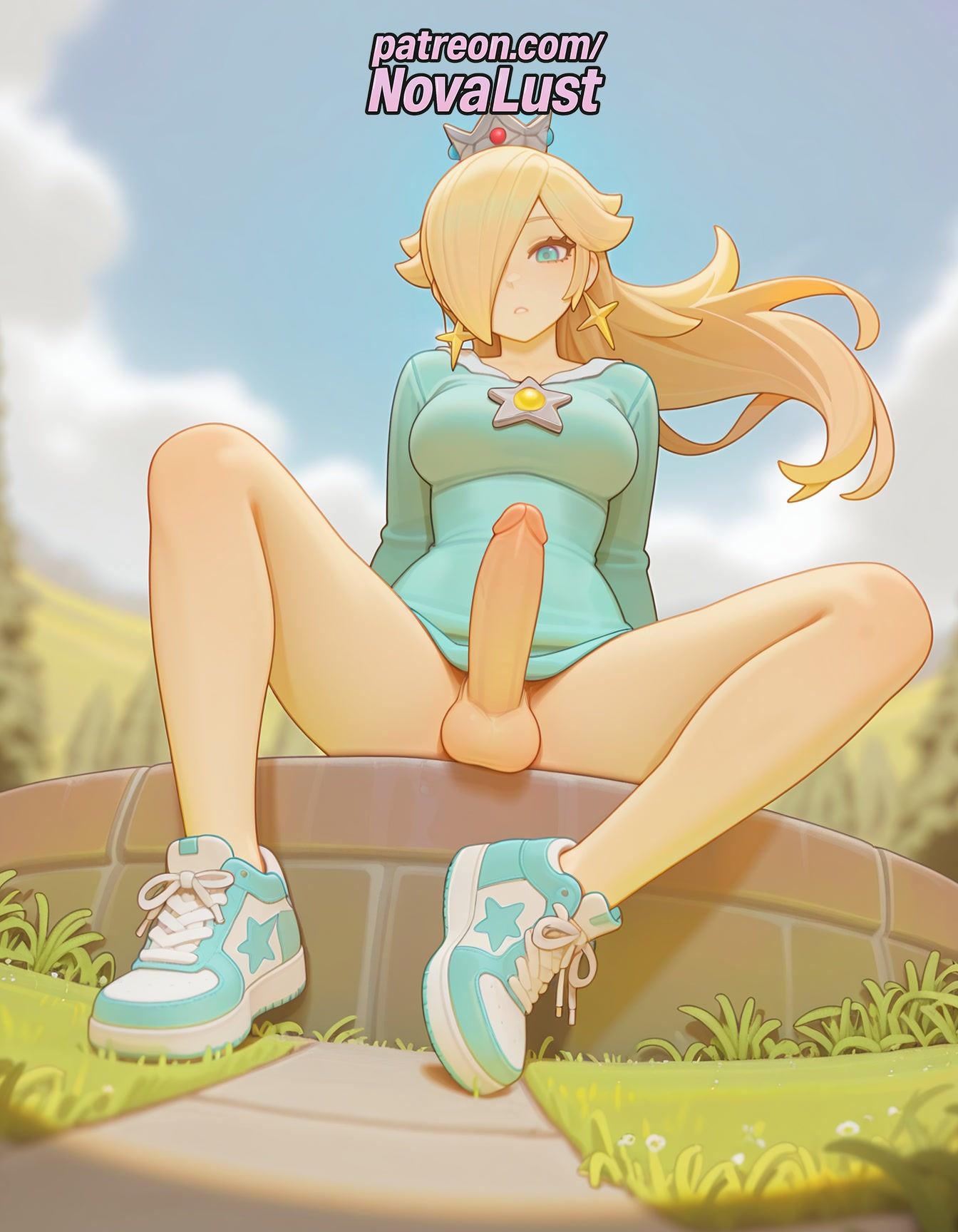 1futa, 2025, ai generated, artist name, balls, blonde hair, cock, crown, day, dick, earrings, english text, erection, foreskin, futanari, hair over one eye, hi res, high quality, high resolution, highres, intersex, jewelry, legs apart, legs spread, long hair, mario (series), nintendo, novalust, open legs, patreon, patreon username, penis, princess rosalina, shoes, sneakers, solo, splayed legs, spread legs, stable diffusion, star (symbol), star earrings, testicles, uncensored, uncircumcised, watermark