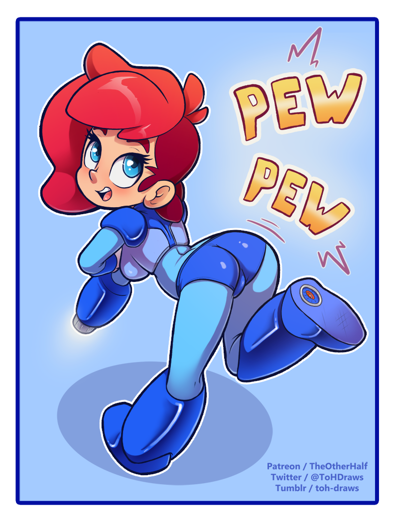 1girls ass blue_armor blue_clothing blue_eyes cosplay eyelashes female hourglass_figure light_skin looking_up mega_man mega_man(classic) mega_man_(cosplay) nera_(the_other_half) red_hair running scrawled side_shave smile solo solo_female sound_effects the_other_half