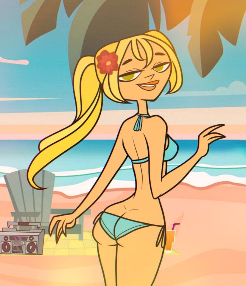 2d, ass, ass cleavage, ass crack, beach, bikini, blonde hair, breasts, bridgette (tdi), bubble butt, busty, butt cleavage, butt crack, female, female focus, female only, flower, flower in hair, fresh tv, green eyes, hourglass figure, long hair, looking at viewer, looking back, medium breasts, outdoors, outside, pinup, pinup pose, ponytail, rear view, sideboob, spid8ybri, standing, total drama (series), total drama island, wide hips