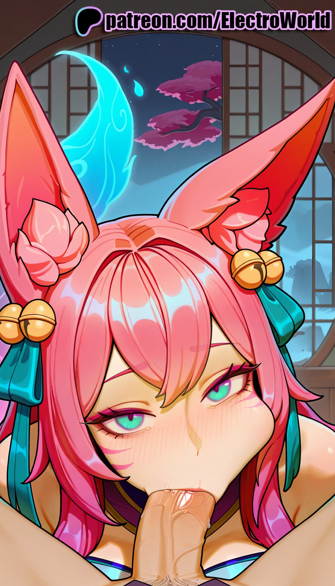 :>=, 1boy, 1girls, 2025, ahri, ahri (league of legends), ai generated, animal ears, artist name, bell, blowjob, blowjob face, blush, cock, dick, electroworld, fellatio, female, fox ears, hair bell, hair ornament, hi res, high quality, high resolution, highres, jingle bell, league of legends, licking, male, moon, multi tail, oral, oral sex, patreon, patreon username, penis, pink hair, sky, solo focus, spirit blossom ahri, stable diffusion, straight, sucking, tail, uncensored, watermark
