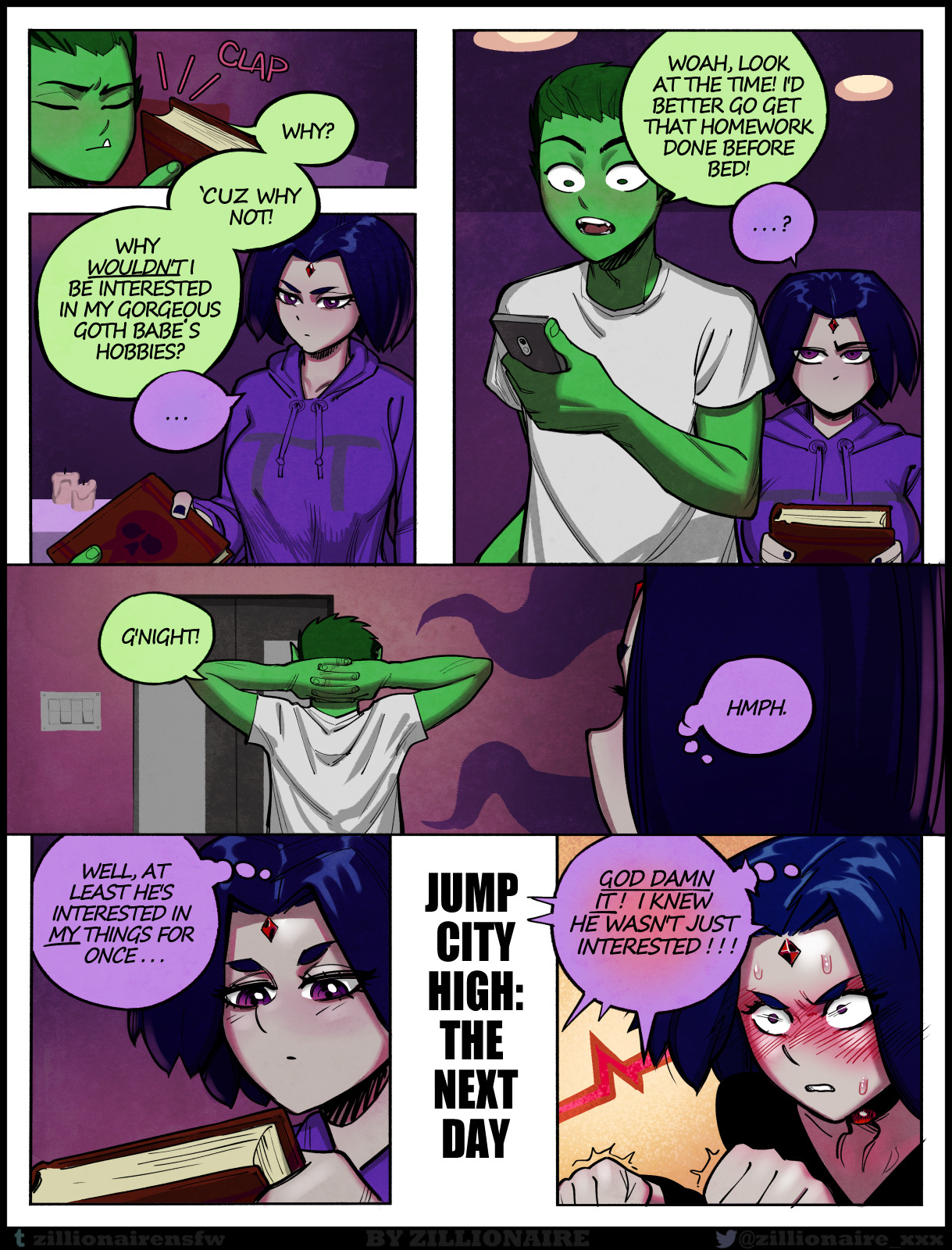 1boy, 1girls, beast boy, blush, breasts, comic, dc, dc comics, english text, female, highres, male, rachel roth, raven (dc), speech bubble, teen titans, text, zillionaire