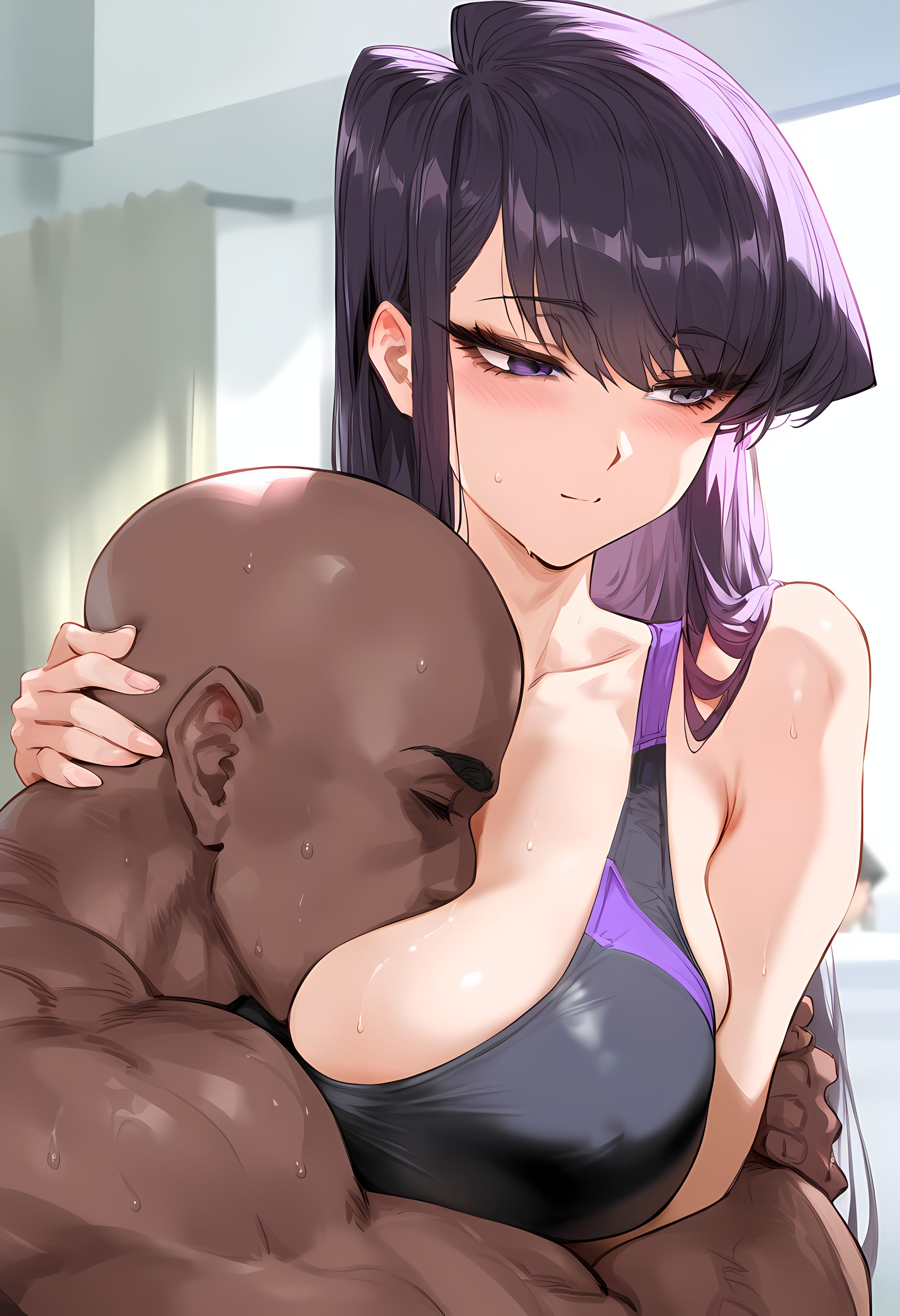 ai generated, breasts, breasts bigger than head, cheating, cheating girlfriend, cleavage, dark-skinned male, embarrassed, face in breasts, female, gym, hand on another's head, hug, imminent sex, komi shouko, komi-san wa komyushou desu, large breasts, looking away, male, motorboating, muscular, muscular male, nakatori, netorare, ntr, older male, older male and younger female, smile, sports bra